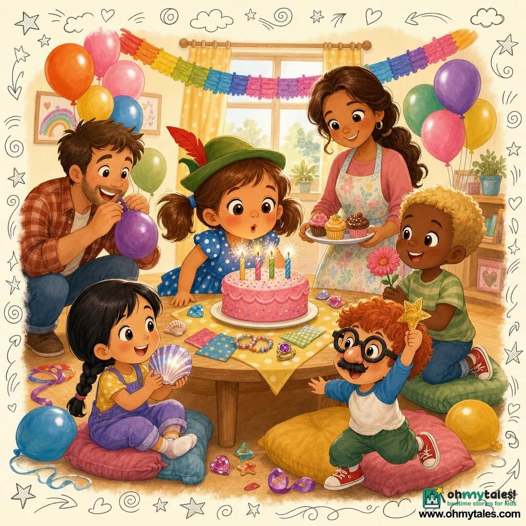 A 4-year-old girl with big bright eyes, light brown hair in two small pigtails, a wide smile and rosy cheeks wears a blue polka-dot dress and a green hat with a red feather; she gently blows out a round cake with pink icing and four small sparkling candles. A woman in her thirties (mom) with long tied brown hair and a tender smile wears a pastel apron and stands by the table holding a plate of cupcakes. A man in his thirties (dad) with a light beard and a plaid shirt kneels left of the scene laughing as he inflates colorful balloons. A five-year-old boy (Ben) with short blond hair stands right of the table holding a pink flower and watching the girl. A four-year-old girl (Zoe) with black braided hair sits on a cushion in the foreground holding a shiny seashell. A four-year-old boy (Max) with red hair wears toy glasses with a funny nose and holds a golden paper star, jumping slightly behind the cushions. Interior of a small yellow house, bright room with cream walls, rainbow garlands, floating multicolored balloons, a light wood table covered with napkins and small treasures, colorful cushions scattered on the floor. Main scene: joyful birthday party—centered composition, warm colors and soft textures, childlike illustrative style with bubbles, glitter, confetti doodles and star overlays.