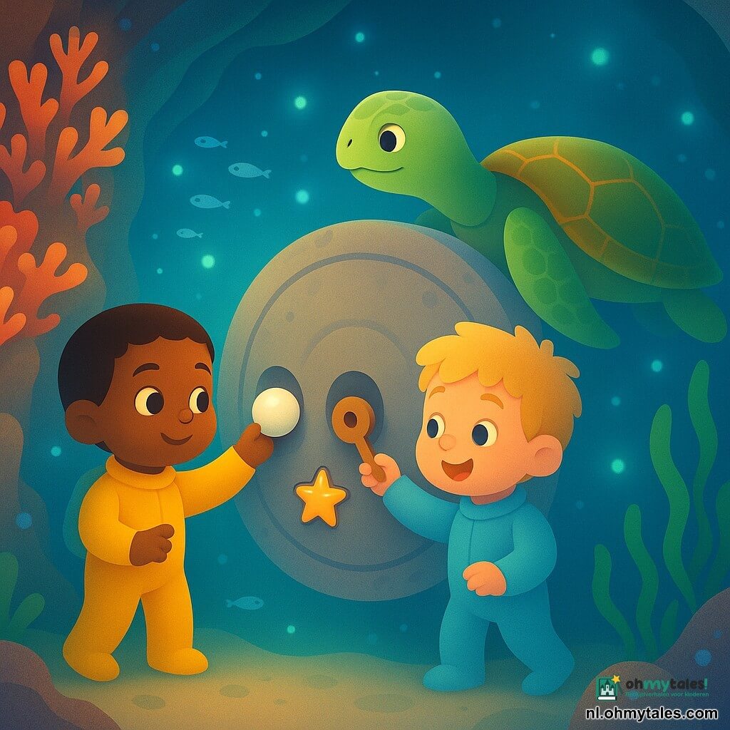 Er zijn drie personages: Milo, een jongetje van ongeveer 3 jaar met kort bruin haar en nieuwsgierige ogen, aan links met een glanzende parel in zijn hand; Sem, een jongetje van ongeveer 3 jaar met warrig blond haar en een glimlach, aan rechts met een ronde houten sleutel; en Tessa, een vrouwtjeszeeschildpad met brede groene schelp met okerkleurige patronen, die achter hen zwemt en vriendelijk naar de ronde deur kijkt. Locatie: een verlichte onderwatergrot voor een rotswand bedekt met roze en oranje koraal, met zwemmend zeewier en bioluminescente glans in azuur water. Hoofdsituatie: de kinderen steken drie voorwerpen in de gaten van een grote ronde stenen deur — de parel, de houten sleutel en een kleine glanzende zeester — de deur begint met een zacht klikje open te gaan; zachte sfeer, pasteltinten, afgeronde lijnen, geruststellende expressies.