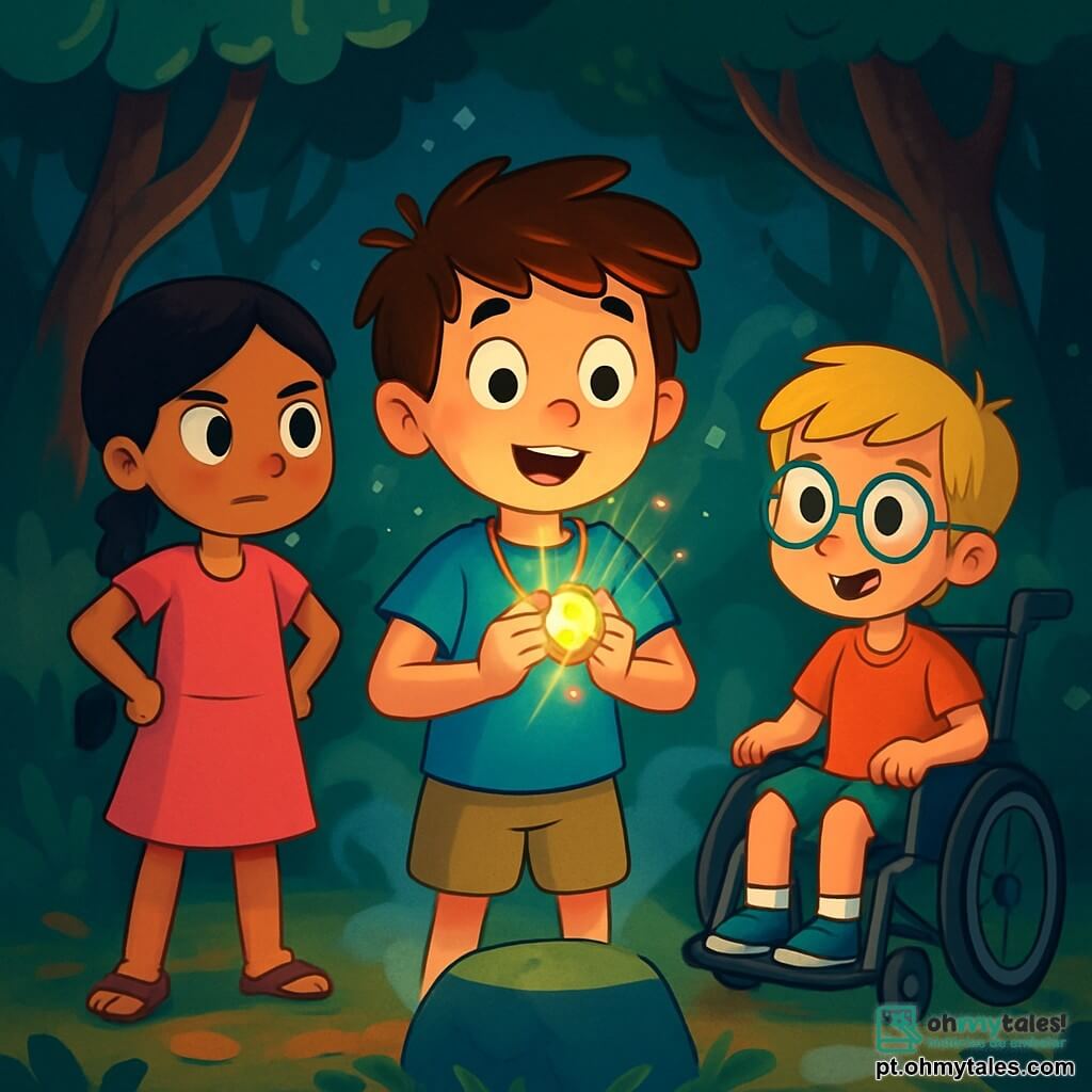 Há 3 personagens: - Tomás: um menino de 10 anos, com cabelos castanhos bagunçados, vestindo uma camiseta azul e um short bege. Ele está no centro, segurando um amuleto brilhante em volta do pescoço, com os olhos arregalados de admiração. - Luísa: uma menina de 9 anos, com longos cabelos negros trançados, vestindo um vestido rosa e sandálias. Ela está à esquerda de Tomás, com as mãos na cintura, exibindo uma expressão curiosa e determinada. - Beto: um menino de 10 anos, com óculos redondos e cabelos loiros, sentado em sua cadeira de rodas à direita de Tomás, com o olhar concentrado no misterioso amuleto, uma luz de excitação nos olhos. O cenário é uma floresta escura e misteriosa, com árvores de troncos retorcidos e folhas de um verde profundo. A luz da lua filtra através dos galhos, criando sombras dançantes no chão coberto de folhas secas. No centro da clareira, uma pedra antiga está cercada por uma leve névoa, adicionando uma atmosfera mágica e ligeiramente inquietante. A situação principal da história mostra Tomás, Luísa e Beto descobrindo o misterioso amuleto brilhante, que emite uma luz suave e colorida, enquanto uma brisa leve faz as folhas ao redor deles tremularem, criando uma atmosfera ao mesmo tempo fascinante e levemente assustadora.