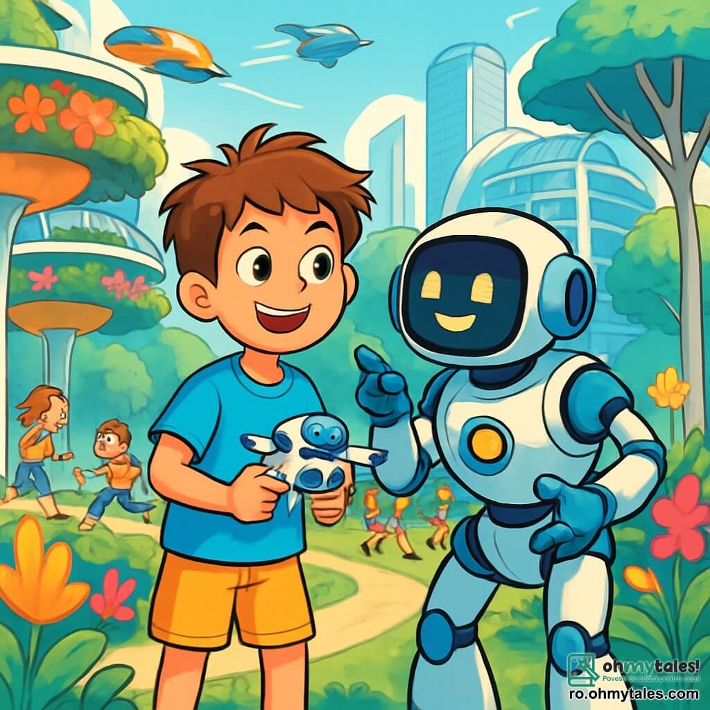 Un băiat de 10 ani, pe nume Luca, cu părul castaniu în dezordine și ochi strălucitori de curiozitate, stă în picioare într-un parc futurist, cu un zâmbet larg pe față. Poartă un tricou albastru viu și o pereche de pantaloni scurți galbeni, ținând în mâini un mic robot din plastic, pregătit să zboare. Lângă el, Z3N0, un robot prietenos cu forme rotunde și lumini intermitente, se apleacă ușor înainte, având un chip digital zâmbitor, explicându-i ceva lui Luca cu entuziasm. Parcul este plin de grădini suspendate cu culori strălucitoare, flori luminescente și copaci cu trunchiuri argintii. Vehicule zburătoare trec deasupra lor, lăsând în urmă dâre de lumină. În fundal, clădiri futuriste se ridică, acoperite cu panouri solare și grădini verticale. Situația principală arată cum Luca și Z3N0 explorează parcul, Luca admirând minunile tehnologice din jur, în timp ce copiii se joacă și râd în jurul lor, creând o atmosferă veselă și dinamică.