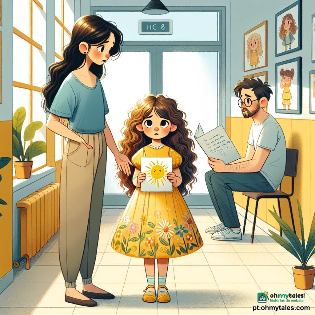Uma menina de 8 anos, Sofia, com cabelos castanhos e cacheados, usa um vestido amarelo com estampas de flores. Ela tem um olhar preocupado, mas determinado, segurando um pequeno desenho de sol em suas mãos. Ao lado dela, sua mãe, uma mulher de cerca de 30 anos com cabelos longos e negros, a observa com um sorriso reconfortante, vestindo uma camiseta azul e calças bege. O pai de Sofia, um homem de aproximadamente 35 anos, com barba curta e óculos, está sentado em uma cadeira, segurando um pequeno caderno e uma caneta, pronto para anotar.

A cena ocorre em um corredor de um prédio, com paredes pintadas de amarelo claro e janelas abertas deixando entrar a luz do dia. Plantas em vasos decoram o chão, e desenhos de crianças estão pendurados nas paredes.

A situação principal mostra Sofia e sua família se preparando calmamente para um alerta de sirene, conversando juntos para se tranquilizar e apoiar, enquanto compartilham gestos de amor e solidariedade.