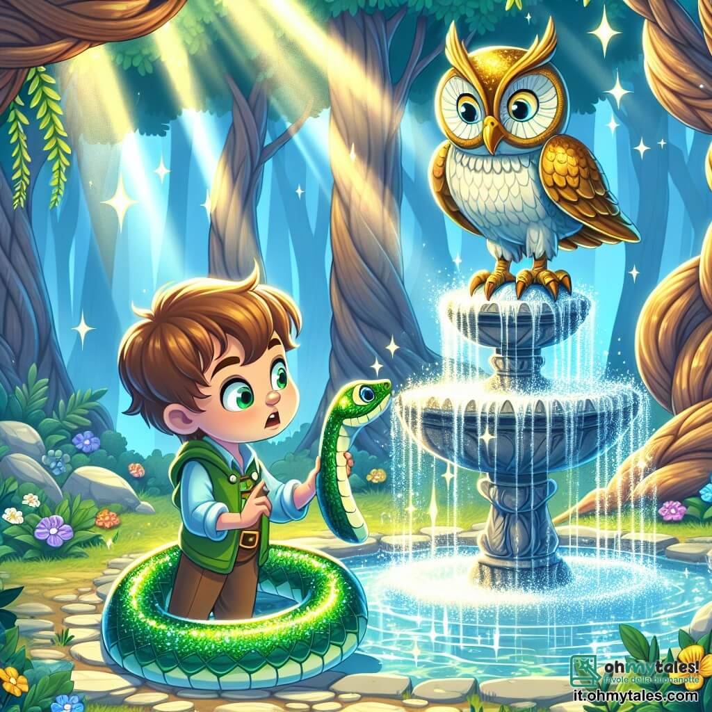 Un giovane serpente di nome Serafino, con una pelle verde smeraldo scintillante, si fa strada con curiosità attorno a una fontana magica. I suoi occhi brillano di eccitazione mentre osserva la statua di un gufo saggio, con piume dorate e occhi penetranti, seduto maestoso al centro della fontana. La scena si svolge in una foresta incantata, con alberi giganti e fiori colorati che danzano nel vento. Raggi di sole filtrano tra le foglie, creando riflessi sulla acqua cristallina della fontana. Serafino, determinato, si prepara ad affrontare le sfide proposte dal gufo, mentre l'atmosfera è carica di magia, promettendo avventure e insegnamenti preziosi.