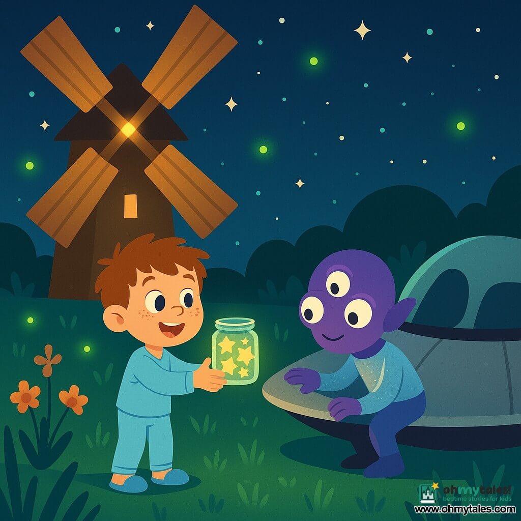 A 6-year-old boy with messy brown hair, freckles, wide-eyed amazed smile, wearing light blue pajamas and slippers, stands on the grass by a wooden windmill holding a small jar of glowing stars and offering them to a silver saucer; a small purple three-eyed alien named Zib in a shimmering silver suit kneels by the saucer, touching its rim with a grateful expression as the stars fill the craft and a soft green glow spreads in gentle waves across a flower-dotted meadow under a starry night, creating a warm, magical scene of tender collaboration with contrasting yet soft blues, neon green, violet and warm wood tones.