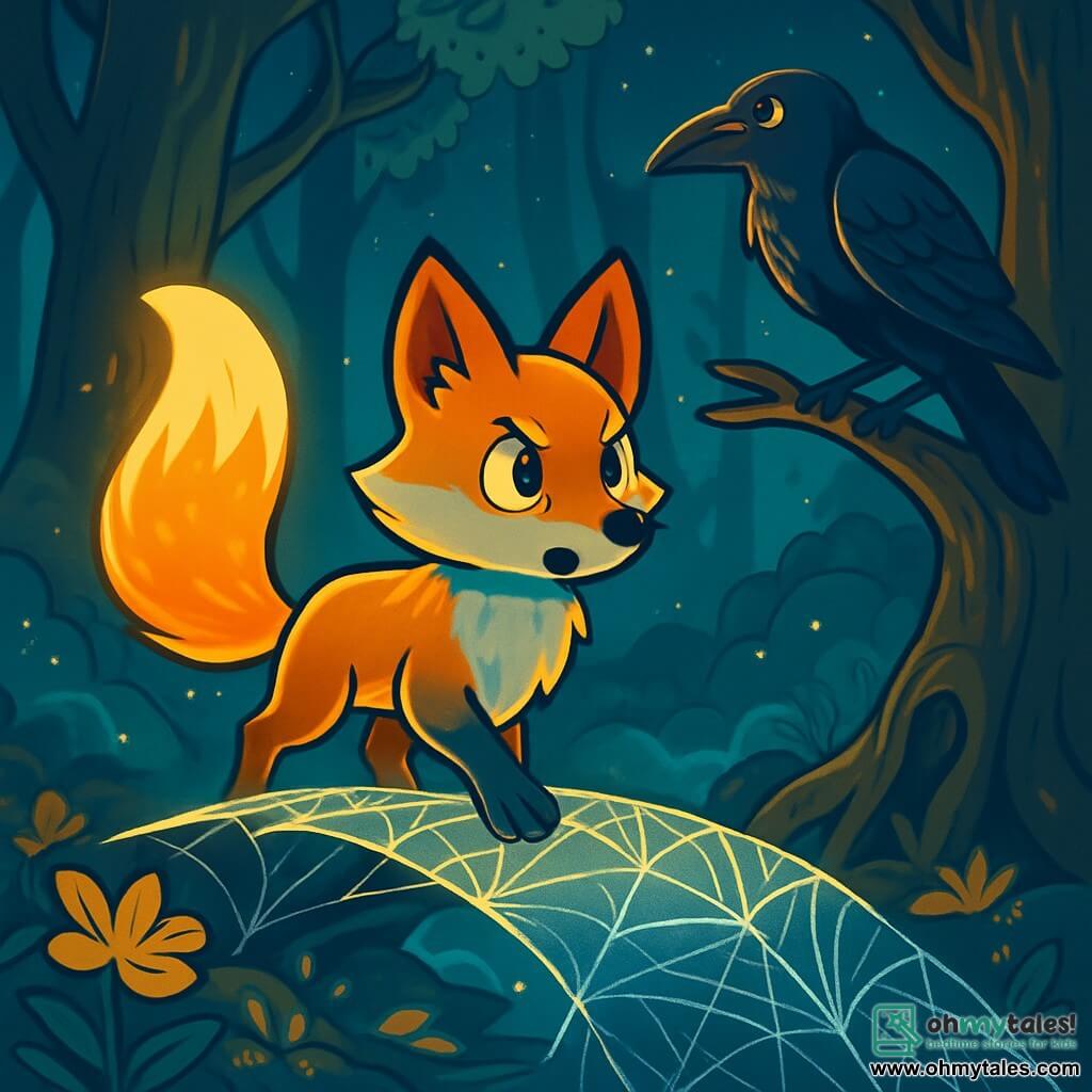A young fox named Lumo, with a shimmering coat of golden and silver hues, stands bravely on a sparkling bridge made of moonbeams and spider silk. His eyes shine with bright determination, while his luminous tail rises behind him, lighting the way. Beside him, an old crow with glossy black feathers perches on a branch, watching intently. His wise and worried gaze seems to whisper advice to Lumo, his wings slightly spread as if ready to take flight. The setting is an enchanted forest, where majestic trees with gnarled trunks reach for a starry sky, and light mists dance between the roots. The ground is covered with golden leaves and glowing flowers, creating a magical atmosphere. The main scene shows Lumo about to cross the bridge, facing his fears, while the crow encourages him with a wise expression. Their silhouettes stand out against the sparkling night background, symbolizing adventure and courage in the face of the unknown.