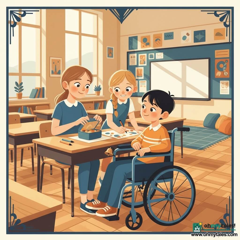 A smiling, attentive 12-year-old girl, Mara, with light brown hair in a ponytail and curious eyes, sits in the back row opening a lunchbox on a wooden desk, hands on a notebook; beside her is 12-year-old Jay in an electric-blue wheelchair with short black hair and a calm, mischievous look, ringing a small bell and looking at Mara confidently; nearby stands energetic 12-year-old Lila, blonde in a braid, leaning over a colorful poster holding bright markers and smiling, ready to draw; the classroom has rows of light wood desks, tall windows with soft light, a whiteboard with colorful posters, a reading corner with rug and cushions, and an art-deco geometric lino floor — the scene shows inclusion as the three collaborate on a poster, warm colors, strong contrasts, visible wood and metal textures, and bright, friendly lighting.