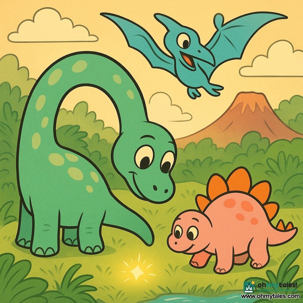 A large mint‑green diplodocus with a long curved neck, smooth skin, round shiny eyes and a curious, amazed expression leans down toward a small glowing stone on the ground; Stelly the stegosaurus, round and powder‑pink with bright orange plates, trots beside him while a light‑blue pteranodon with ribbon‑like wings flies overhead, joyfully pointing toward a gentle volcanic ridge. The scene is a valley of giant ferns and waving grasses with a small sparkling stream in the foreground and a glowing stone at the ridge’s base, rendered in saturated pastels, rounded shapes and thick retro cartoon outlines.