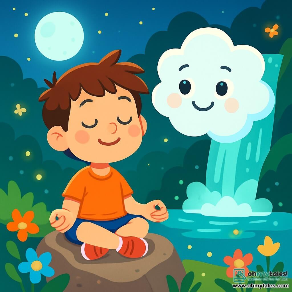 A 6-year-old boy named Oliver, with messy brown hair and sparkling curious eyes, is sitting on a rock near a shimmering waterfall. He has a serene smile and slightly rosy cheeks, showing his wonder. Next to him, a gentle white cloud, personified, floats in the air. The cloud has a friendly and kind expression, with round eyes and a warm smile, as if it is whispering soothing secrets to Oliver. The setting is a magical clearing bathed in moonlight, where the waterfall cascades silver waters. Colorful flowers surround the rock, and fireflies dance around them, creating a fairy-tale and relaxing atmosphere. The main scene shows Oliver breathing deeply with his eyes closed while the cloud teaches him the art of inner peace. The soft murmur of the water and the sparkle of the fireflies add a touch of magic to this moment of calm and serenity.