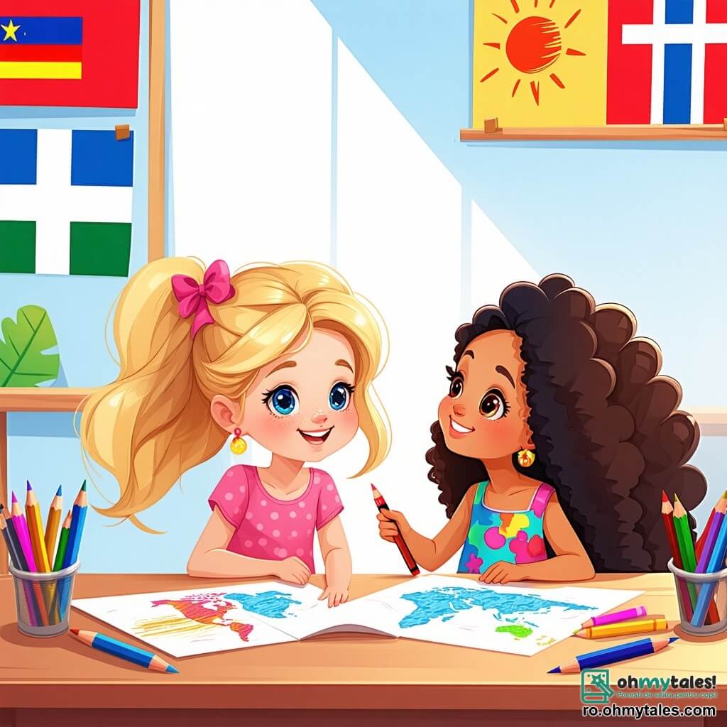 O fetiță de 4 ani, pe nume Ana, cu părul blond și ochi albaștri strălucitori, zâmbește fericită ținând un creion colorat în mână. Ea stă la o masă de clasă, înconjurată de desene colorate care reprezintă diferite steaguri ale lumii. Lângă ea, o fetiță de 5 ani, pe nume Sara, cu părul negru și bucle, poartă o rochie colorată și o privește pe Ana cu un zâmbet prietenos. Sara este de origine afro-descendentă și ține un desen cu propriul ei steag, arătând culori vii. Locul este o sală de clasă luminoasă, cu pereți decorați cu desene de copii și feronerie care lasă să pătrundă lumina soarelui, creând o atmosferă caldă și primitoare. Situația principală arată cum Ana și Sara discută și își împărtășesc desenele, ilustrând frumusețea diversității și prieteniei care se formează între ele, în timp ce învață una de la alta într-un mediu vesel și inclusiv.