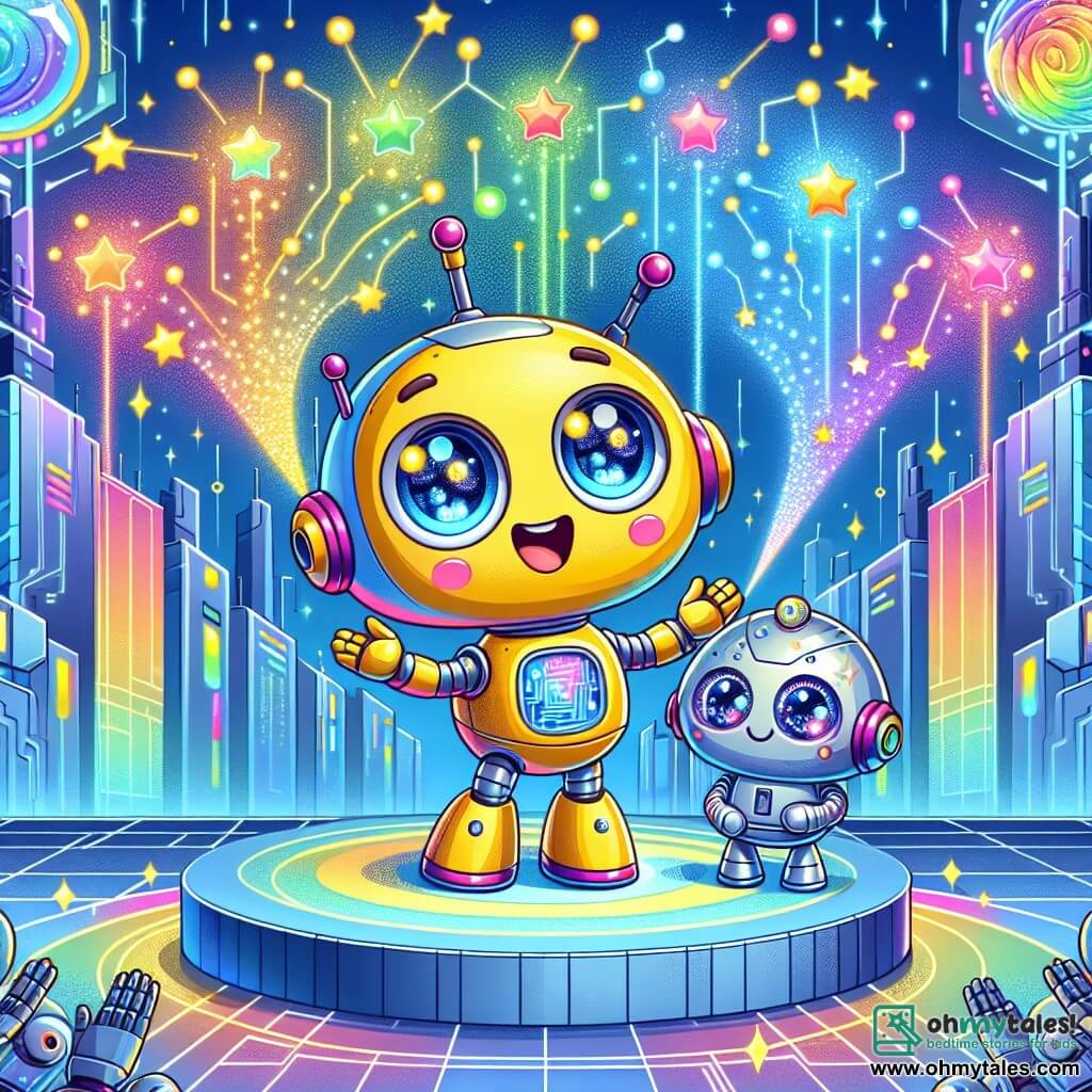 In the center of the image, Zippy, a small yellow robot with large expressive eyes and wheels instead of legs, displays an expression of joy and excitement. He stands on a futuristic stage, surrounded by colorful holograms representing his thoughts, with twinkling stars in the background. To his right, Gidget, a silver metal assistant robot with a shiny body and sparkling eyes, proudly smiles while applauding Zippy, her circuits glowing with enthusiasm. The setting is the central square of Glimmertron, where candy-shaped buildings sparkle under an electric blue sky, and holographic flowers dance in a gentle breeze. The main scene shows Zippy sharing his thoughts with a crowd of amazed robots, projecting colorful holograms around him, while enthusiasm and creativity fill the air.