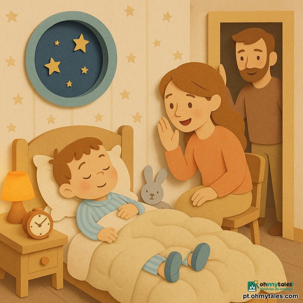 Um menino de 2 anos, calmo e sonhador, deitado de costas com a mão sobre a barriga, olhos semicerrados e lábios relaxados; cabelos curtos castanhos, bochechas rosadas, pijama listrado azul-claro e pantufas pequenas. Uma mulher (mãe, ~30 anos) sentada em uma poltrona junto à cama, sussurrando e sorrindo, mão levantada para acalmar. Um homem (pai, ~32 anos) em pé junto à porta, olhar terno, roupa casual, mão no batente. Quarto suave e simples: papel de parede creme com estrelinhas, janela redonda aberta para um céu estrelado, mesa de cabeceira de madeira clara com abajur laranja difuso. Edredom grande e felpudo bege com textura de nuvem, dobra suave, travesseiro branco macio e um peluche de coelho cinza junto à cabeça. Pequeno despertador analógico na mesa com mostrador visível e sugestão de tic-tac por linhas gráficas. Ambiente geral de luz baixa, cores pastel quentes, formas arredondadas, atmosfera zen e reconfortante.
