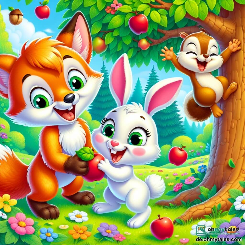 Ein kleiner frecher Fuchs namens Felix mit einem leuchtend orangefarbenen Fell und einem buschigen Schwanz lächelt fröhlich unter einem großen Apfelbaum, seine Augen funkeln vor Aufregung. Neben ihm springt ein niedlicher Kaninchen namens Hoppel mit großen Ohren und weißem Fell vor Freude, seine Augen strahlen vor Glück. Ein schelmisches Eichhörnchen namens Nuss mit braunem Fell und einer kleinen Nuss in den Pfoten klettert geschickt den Stamm des Baumes hinauf und lacht laut. Im Hintergrund schafft ein grüner Wald mit bunten Blumen und einem strahlend blauen Himmel eine fröhliche Atmosphäre. Die Freunde sammeln saftige Äpfel, die vom Apfelbaum fallen, lachen und haben gemeinsam Spaß in einer lebhaften und kameradschaftlichen Szene.