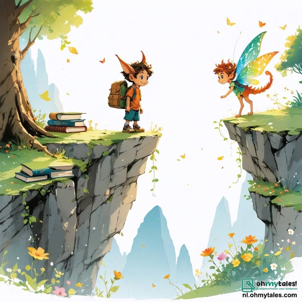 Een jonge kobold met grote puntige oren en een ondeugende glimlach, die een kleine rugzak vol boeken draagt, staat op de rand van een klif met uitzicht op een prachtig kleurrijk landschap, met ogen die schitteren van opwinding en nieuwsgierigheid. Naast hem vliegt een kleine fee met krullend haar dat van kleur verandert, met glinsterende vleugels, vrolijk rondjes draaiend en haar gezicht verlicht door een ondeugende glimlach. Een drakenling, ter grootte van een kat, met iriserende schubben en sprankelende ogen, probeert zijn vleugels te slaan om op te stijgen, maar blijft vastzitten in de armen van een joviale troll, met een rond en vriendelijk gezicht, die lacht terwijl hij probeert hem te bevrijden. De achtergrond toont een majestueuze berg met schitterende kristallen die de binnenkant van een grot verlichten, terwijl een waterval met helder water naar buiten stroomt en een regenboog creëert in het zonlicht. De hoofdscène toont de vrienden die een enorme magische klok in het hart van de grot ontdekken, omringd door glinsterende schatten, terwijl ze proberen deze te repareren om te voorkomen dat een slapende draak wakker wordt.