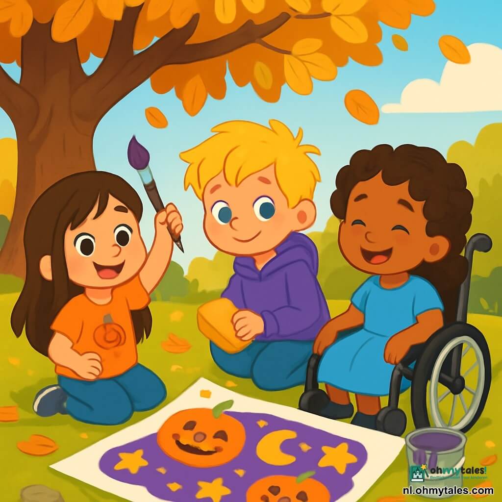 Er zijn 3 kinderen: - Noor: een 5-jarig meisje met lang bruin haar en sprankelende ogen. Ze draagt een oranje t-shirt met een kleine pompoen erop en houdt een penseel in haar hand. - Finn: een 5-jarig jongetje met rommelig blond haar en een ondeugende glimlach. Hij draagt een paarse hoodie en houdt een spons in zijn andere hand. - Suri: een 5-jarig meisje in een rolstoel, met krullend haar en een mooie blauwe jurk. Ze glimlacht vrolijk en heeft een pot verf naast zich. De kinderen zitten in een kleurrijke tuin, onder een grote kastanjeboom met gouden bladeren. De grond is bedekt met dode bladeren en kleine steentjes, en een zachte herfstlicht verlicht de scène. Naast hen ligt een groot stuk wit papier op het gras, al versierd met tekeningen van glimlachende pompoenen, stralende manen en fonkelende sterren. De kinderen zijn bezig met het schilderen van een groot Halloween-bord, vol levendige kleuren en vrolijke patronen. Ze werken samen, lachend en ideeën delend, terwijl een lichte bries de bladeren om hen heen laat dansen.