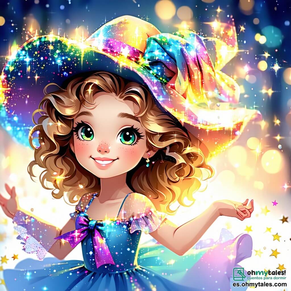 Una niña de 3 años, Lila, con cabello dorado y rizado, lleva un gran sombrero colorido que brilla intensamente. Tiene una sonrisa maravillada, los ojos llenos de alegría, y está bailando en el aire, rodeada de pequeñas estrellas brillantes. A su lado, su fiel perrito Tico, un cachorro de grandes orejas y ojos vivos, salta de alegría, moviendo su cola con entusiasmo. Mira a Lila con admiración, como si quisiera unirse a su baile mágico. Su entorno es un bosque encantado, lleno de árboles de troncos multicolores, adornados con guirnaldas luminosas y flores gigantes de pétalos brillantes. Notas de música flotan en el aire, creando un ambiente festivo y alegre. La escena principal muestra a Lila volando, su sombrero mágico iluminando su camino, mientras animales felices, como un conejo que toca el tambor y un pato que canta, la rodean en una danza frenética, celebrando la magia de la amistad y la aventura.