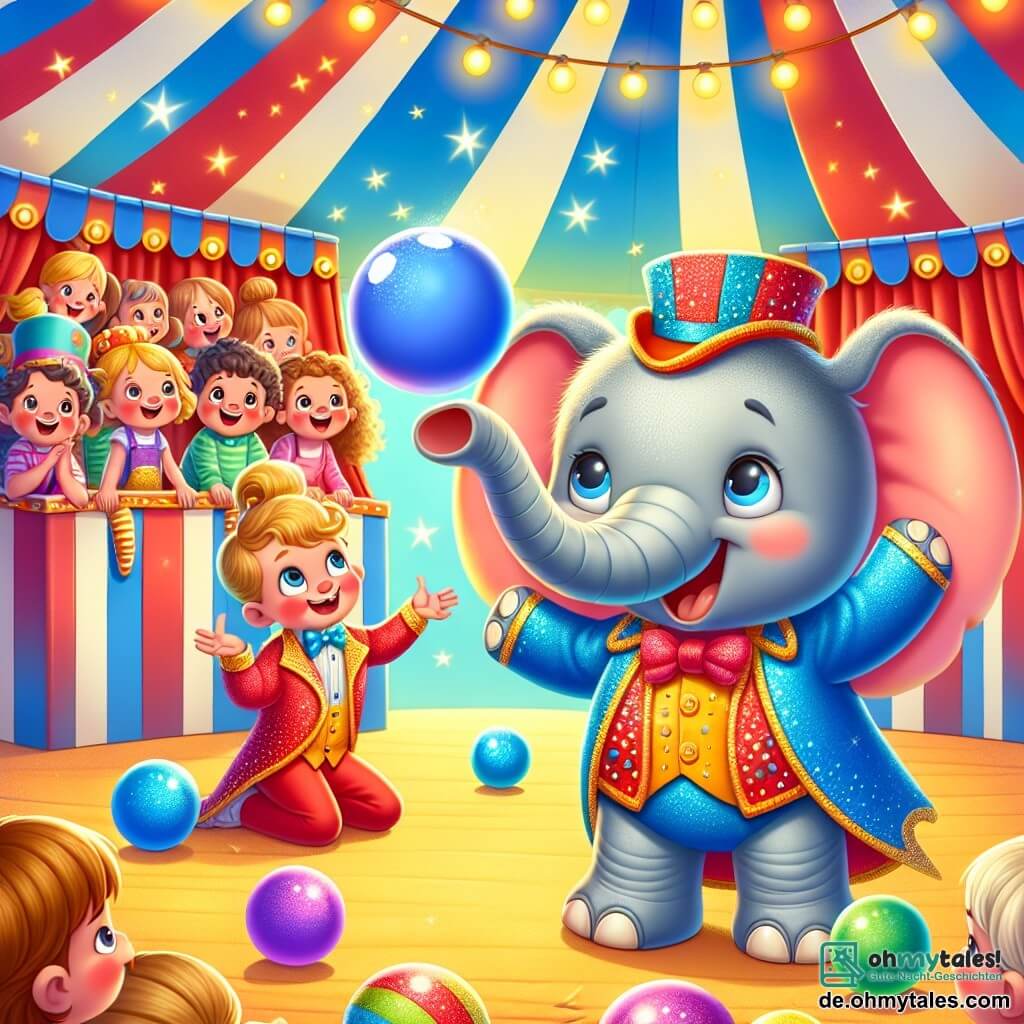 Ein fröhlicher kleiner Elefant namens Emil, mit grauer Haut und großen Ohren, steht in der Mitte der Szene, lächelt und trompetet vor Freude, während er nach einem verlorenen Ballon sucht. Links von ihm jongliert ein lächelnder Jongleur in einem bunten, glitzernden Kostüm mit bunten Bällen, sein Gesicht strahlt Konzentration und Freude aus. Rechts sitzt eine Gruppe von begeisterten Kindern mit leuchtenden Augen und Lächeln auf Holzbänken und schaut gespannt zu. Der Ort ist ein lebendiger Zirkus, gefüllt mit rot-weißen gestreiften Zelten unter einem sonnigen blauen Himmel, mit funkelnden Lichtern und bunten Dekorationen. Die Hauptsituation zeigt Emil, der nach einem blauen Ballon sucht, der unter einem Tisch gerollt ist, während der Jongleur ihn mit einem großen Lächeln ermutigt und eine Atmosphäre von Magie und Freundschaft schafft.