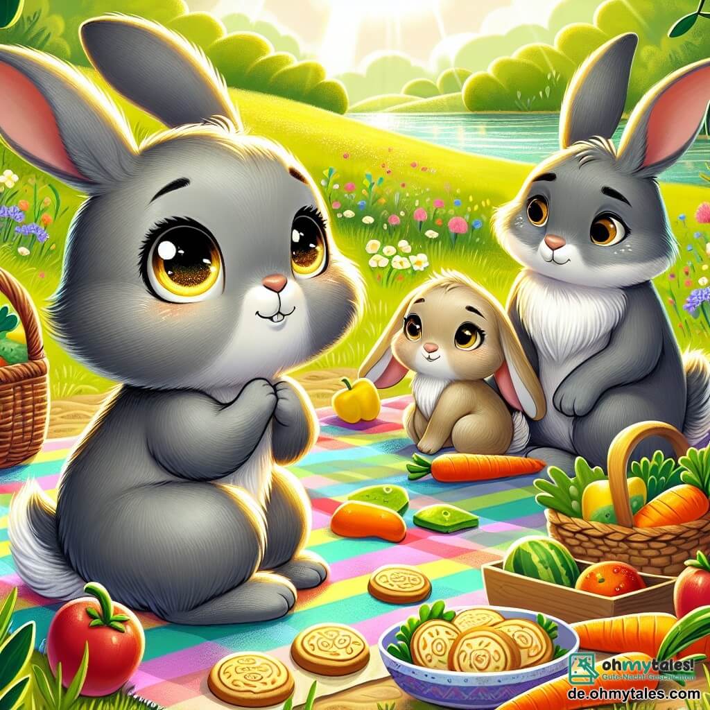 Ein kleiner Hase mit großen, glänzenden Augen und weichem, grauem Fell steht in der Mitte des Bildes, mit einem Ausdruck von Entschlossenheit und Hoffnung auf seinem Gesicht. Er sitzt auf einer bunten Decke, umgeben von leckeren Snacks wie Karotten und Früchten, während er seine Eltern mit einem ermutigenden Lächeln ansieht. Rechts von ihm bereitet eine Mama-Hase mit hellbraunem Fell und langen Ohren, die einen sanften und liebevollen Ausdruck zeigt, Karottenkekse vor, während links von ihm ein Papa-Hase mit dunkelgrauem Fell, der nachdenklich aussieht, seinen Sohn stolz beobachtet und einen Korb mit frischem Gemüse hält. Der Ort ist ein wunderschönes, grünes Feld, das im goldenen Sonnenlicht badet, mit bunten Blumen, die im Wind tanzen, und einem glitzernden Bach in der Nähe, was eine fröhliche und friedliche Atmosphäre schafft. Die Hauptsituation zeigt den kleinen Hasen, der mutig seine Eltern ermutigt, ihre Gefühle während eines Familienpicknicks zu teilen, was die Bedeutung von Kommunikation und Liebe in der Familie symbolisiert.