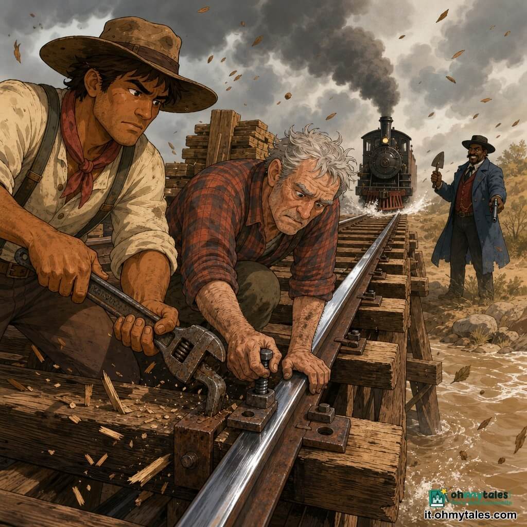 Un uomo (Cole), viso quadrato, pelle abbronzata e capelli castani sotto un largo cappello polveroso, espressione determinata, stringe una grande chiave inglese arrugginita con mani callose mentre aiuta a bloccare una traversa di legno su un ponte ferroviario; un operaio anziano di circa 60 anni, capelli grigi spettinati e camicia a quadri sporca d'olio, piegato su un enorme bullone con un ginocchio sulla traversa; Silas Boone, antagonista di 40 anni con cappotto blu consumato e sorriso crudele, sta a qualche metro sulla riva con una pala e un'arma bassa, minaccioso ma confuso; il ponte di legno antico sopra un fiume torbido, rotaie lucide e pioggia di polvere e foglie al vento; tensione drammatica: un treno nero e fumante si avvicina in lontananza mentre i due uomini cercano di impedire il crollo e Boone tenta di ostacolarli, scena dinamica con schizzi d'acqua e schegge di legno, palette contrastata.