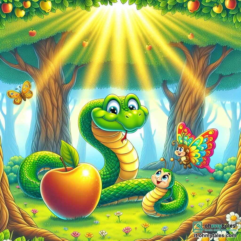 Un serpente verde brillante, chiamato Serpentino, con squame scintillanti come smeraldi, si trova al centro di una radiosa radura, i suoi occhi pieni di curiosità ed eccitazione. Accanto a lui, una piccola farfalla colorata, Farfallina, con ali multicolori, volteggia gioiosamente intorno a lui, mostrando un grande sorriso. La radura è circondata da alberi maestosi con tronchi spessi e foglie di un verde vivace, mentre un grande albero con mele dorate si erge fiero al centro, bagnato dalla luce del sole che filtra attraverso i rami. Serpentino e Farfallina si trovano davanti all'albero, meravigliati dalla bellezza del tesoro che contiene, condividendo un momento di gioia e amicizia, pronti a gustare le deliziose mele dorate.