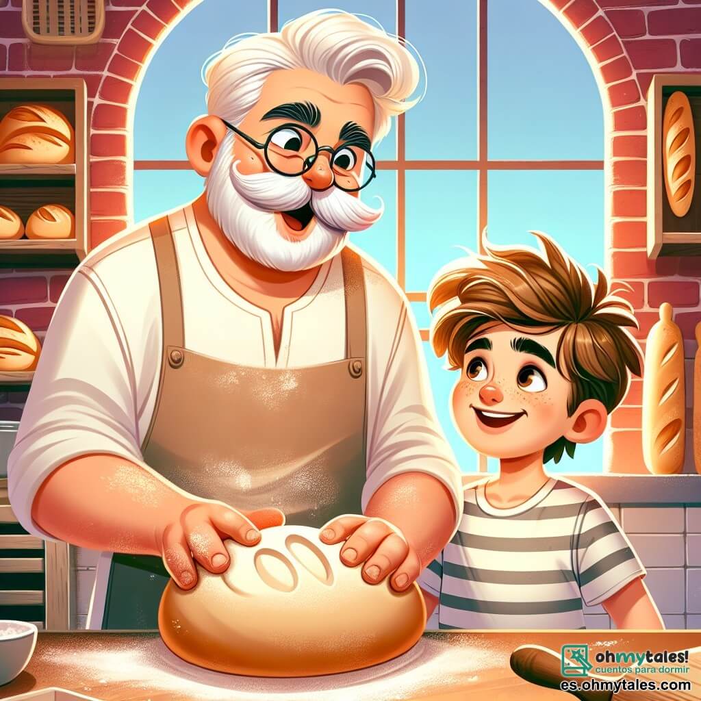 Un hombre de unos 50 años, con un gran bigote blanco y gafas redondas, sonríe alegremente mientras amasa una bola de masa en su panadería. Lleva un delantal blanco manchado de harina y sus ojos brillan de felicidad. A su lado, un niño de 8 años, con el cabello castaño desordenado y una camiseta a rayas, observa con asombro, con las manos en las caderas, listo para ayudar. La panadería es acogedora, con paredes de ladrillo rojo, estantes llenos de panes dorados y una gran ventana que deja entrar la luz de la mañana. En esta escena, el hombre y el niño comparten un momento de complicidad, rodeados del embriagador aroma del pan fresco que se hornea.