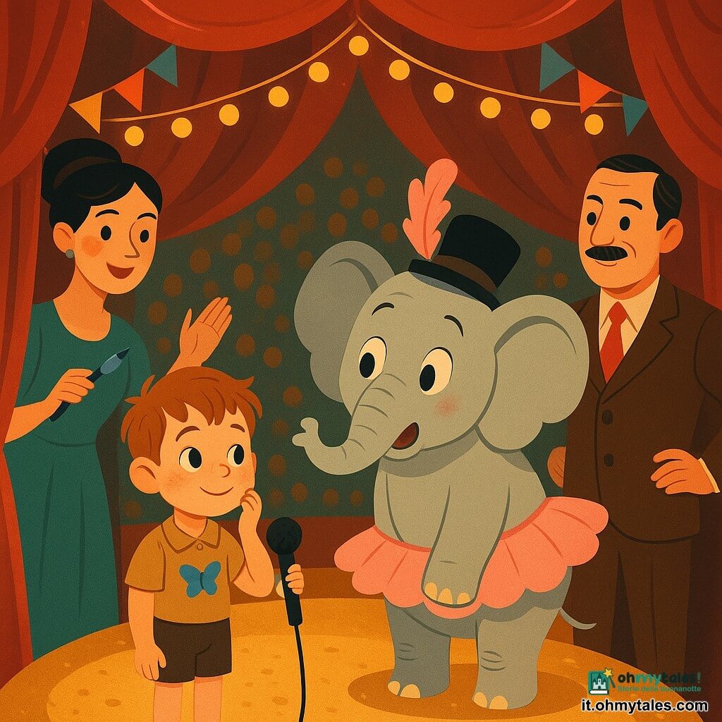 Un bambino di 6 anni, timido ma felice, viso rotondo con lentiggini, capelli castano chiaro spettinati, porta una piccola farfalla azzurra sulla camicia e tiene un microfono troppo grande; guarda l'elefante con mezzo sorriso e una mano al volto. Nina Pennello (~30 anni), truccatrice con capelli raccolti e guance piene di glitter, è a sinistra dietro le quinte e fa un cenno di incoraggiamento con un piccolo pennello blu. Il Signor Rullo (~50 anni), direttore del circo in abito retrò marrone e cravatta rossa, sta leggermente indietro a destra con le mani sui fianchi, sguardo fiero e rassicurante. Un grande elefante dolce, con tutù rosa, piuma e cappello nero storto, ha un'espressione sorpresa e comica ed è al centro della pista di fronte al bambino. Interno di un tendone da circo: pavimento di segatura dorata, pista circolare con tende di velluto rosse, lucine calde e bandierine colorate, gradinate sfocate piene di bambini che applaudono. Situazione: il cappello del bambino è caduto e si è posato sulla testa dell'elefante ballerina; scena luminosa, umorismo tenero, personaggi concentrati sull'elefante, atmosfera calda e vivace.
