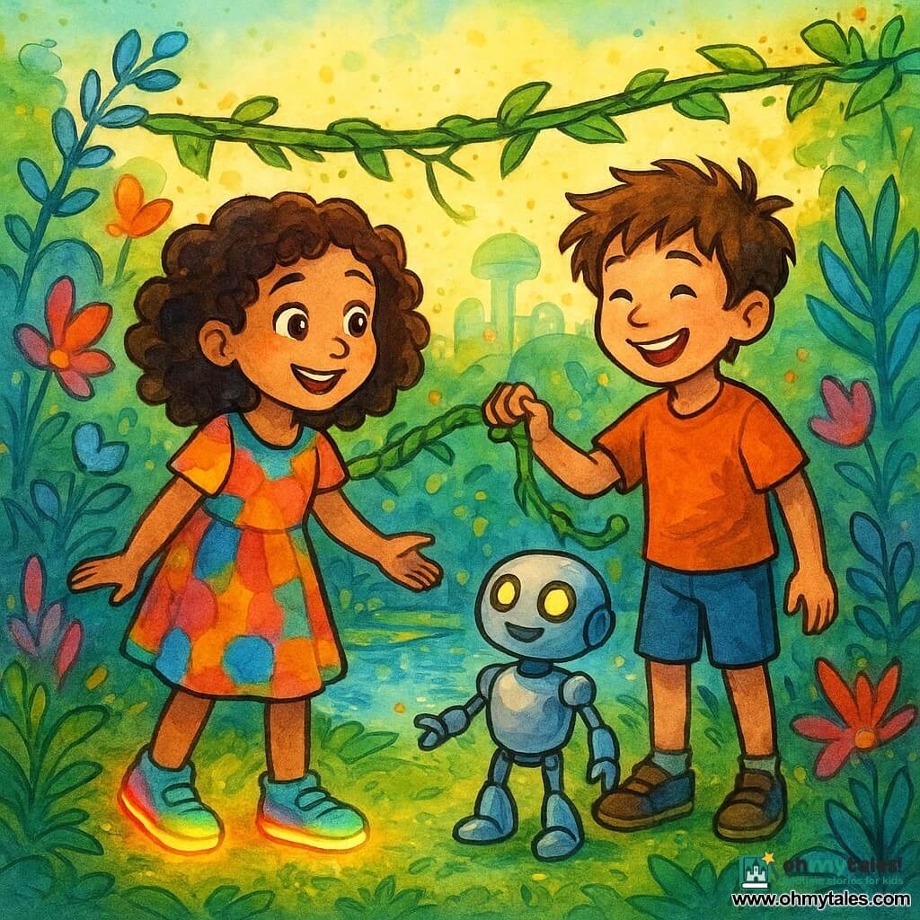 A 6-year-old girl named Liora, with sparkling eyes and curly brown hair, displays a delighted smile. She wears bright shoes and a colorful dress, and is reaching out a friendly hand towards a small robot. Next to her, a 7-year-old boy, Zane, with tousled brown hair and a wide smile, helps hold an improvised vine bridge. The small robot has glowing eyes and a silver body, standing joyfully beside the children. The scene takes place in a futuristic garden filled with vividly colored plants and singing flowers, with a small vine bridge over a shimmering pond. The plants around them emit a gentle glow, creating a magical and welcoming atmosphere.