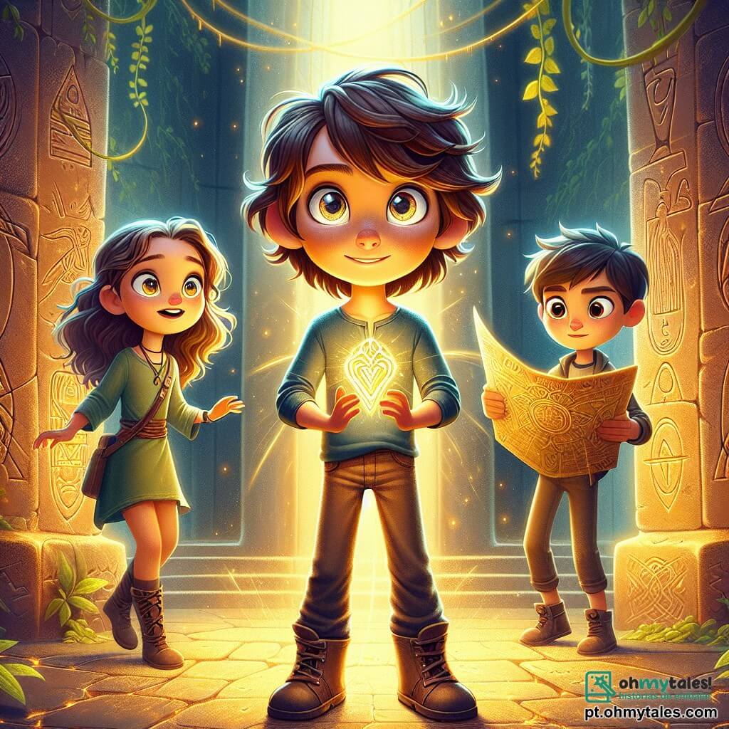 Um garoto de 12 anos, Miguel, com cabelos castanhos bagunçados e olhos brilhando de curiosidade, está no centro da imagem, com o rosto iluminado por uma mistura de empolgação e determinação. Ele veste uma camiseta azul e jeans, segurando um antigo artefato brilhante, o Coração de Lúmina, em suas mãos, cercado por uma aura dourada. Ao seu lado, Clara, uma menina de 11 anos com cabelos longos e ondulados, vestida com um vestido verde e botas de couro, olha para Miguel com admiração, pronta para ajudá-lo na aventura. Leo, um garoto de 12 anos com cabelos curtos e óculos redondos, está um pouco atrás, segurando um mapa antigo, com uma expressão concentrada e determinada para encontrar o caminho. A cena ocorre em um templo antigo, com paredes cobertas de símbolos mágicos e colunas de pedra adornadas com cipós e flores luminescentes. A luz dourada do Coração de Lúmina ilumina o ambiente, criando sombras dançantes nas paredes. Miguel, Clara e Leo se preparam para enfrentar uma sombra ameaçadora que se materializa diante deles, uma figura encapuzada que parece querer tomar o artefato. A atmosfera está carregada de tensão e magia, pronta para explodir em uma batalha épica.