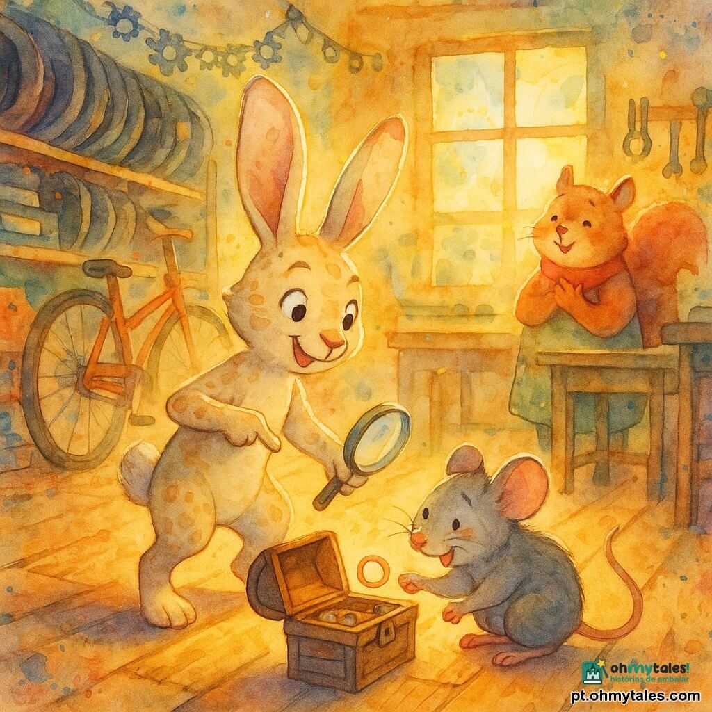 O personagem principal: Tobias, um pequeno coelho-detetive de orelhas longas e brancas, pelo creme com manchas bege, olhos grandes e curiosos e sorriso determinado; segura uma lupa brilhante e aponta para um anel dourado, postura alerta e alegre. Personagem secundária: Mel, uma ratinha de pelagem cinza macia, olhos maliciosos, bochechas rosadas, tímida mas feliz; agachada junto a um baú de madeira antigo, abrindo a tampa e mostrando o anel. Personagem secundária: Dona Esquilo, um esquilo rechonchudo de pelo ruivo e cachecol vermelho, expressão emocionada; junto a um banco de oficina ao fundo, mãos sobre o coração. Local: uma oficina de bicicletas colorida e acolhedora, chão de madeira gasto, prateleiras com pneus e caixas de ferramentas, guirlandas de peças metálicas e um grande balcão com banquinho, luz suave entrando por uma janela de caixilhos. Situação principal: descoberta alegre de um anel dourado num baú de bugigangas, Tobias exibindo a lupa, amigos reunidos em clima de cooperação e espanto.