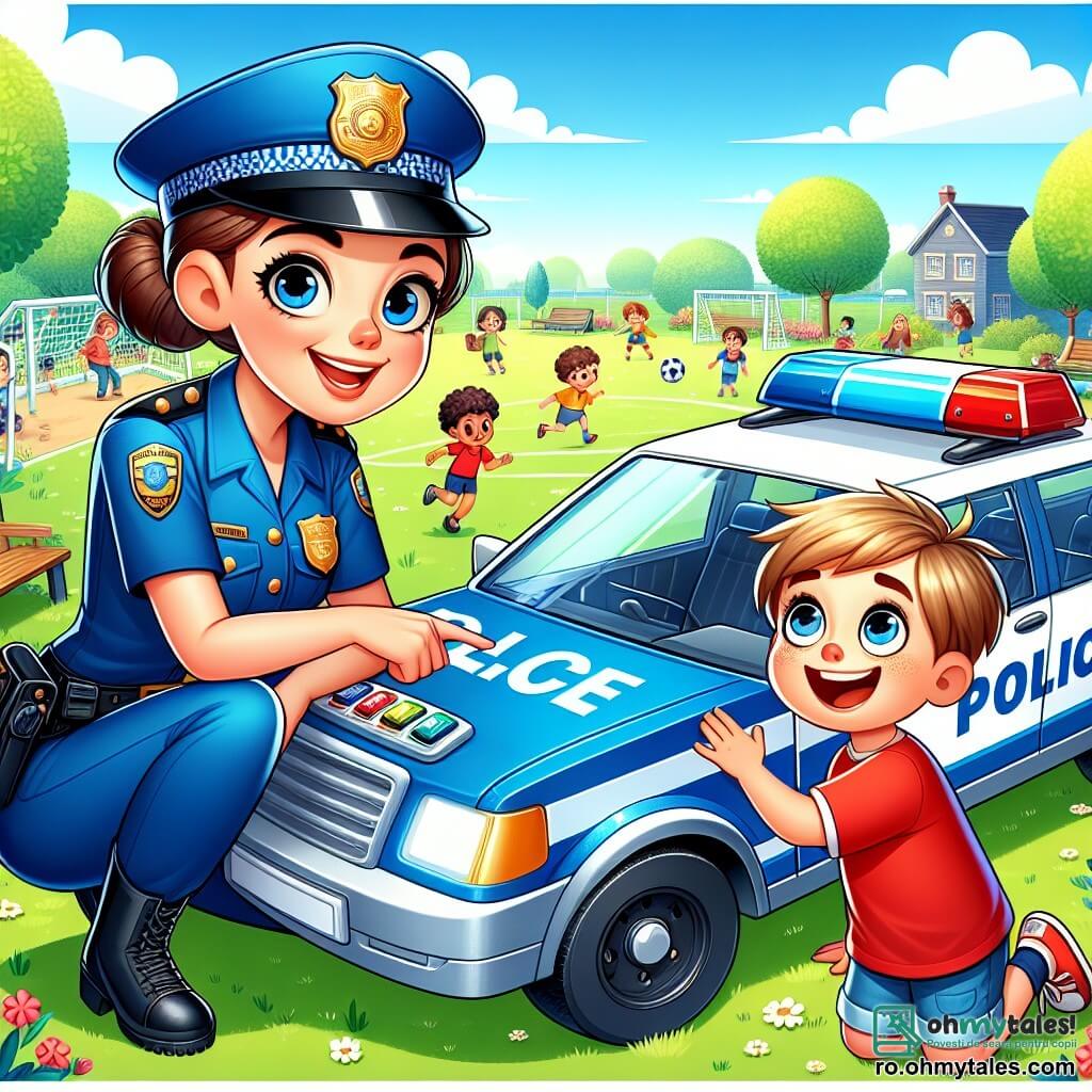 O polițistă zâmbitoare, Maria, se află în centrul imaginii, purtând o uniformă albastră strălucitoare care strălucește sub soare. Are părul brun prins în coc și o privire prietenoasă, arătându-și determinarea de a ajuta pe alții. Maria este aplecată lângă un băiețel, Andrei, de aproximativ 8 ani, care are părul blond zburlit și un tricou roșu. El privește cu uimire mașina de poliție, ochii lui strălucind de bucurie. Fundalul este un parc vibrant, plin de copaci verzi și flori colorate. În spate, se văd copii jucând fotbal și părinți stând pe bănci, bucurându-se de o zi frumoasă și însorită. Situația principală arată cum Maria îi explică lui Andrei cum funcționează mașina de poliție, în timp ce Andrei, foarte încântat, apasă butoanele de pe bord, imaginându-se deja devenind un mare polițist ca Maria.