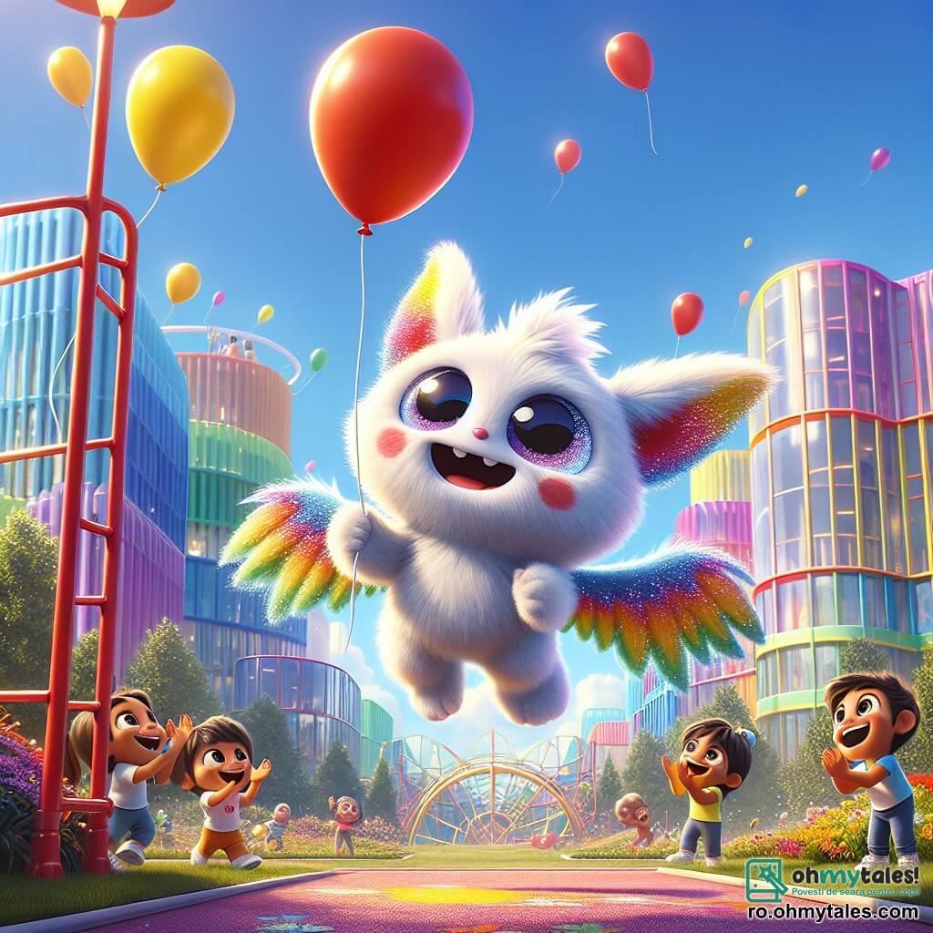 Pufos, o mică creatură de pluș colorată cu aripi pufoase, zboară vesel pe cerul albastru, cu fața radiantă de fericire și uimire. Ține un balon galben în lăbuțele sale, în timp ce se uită în jos cu curiozitate. Alături de el, Momo, un mare Mormoloc cu blană strălucitoare și ochi sclipitori, zâmbește larg, cu brațele deschise, pregătit să prindă un balon roșu care îi scapă. Se află pe o platformă înaltă, înconjurat de clădiri moderne în culori vii, cu copii care se joacă jos, râzând și aplaudând. Locul este un parc urban animat, cu copaci verzi, flori strălucitoare și leagăne colorate, totul sub un cer însorit. Situația principală arată cum Pufos și Momo se distrează împreună, bucurându-se de prietenia lor în timp ce se joacă cu baloane care plutesc în aer, simbolizând magia și bucuria aventurii lor.
