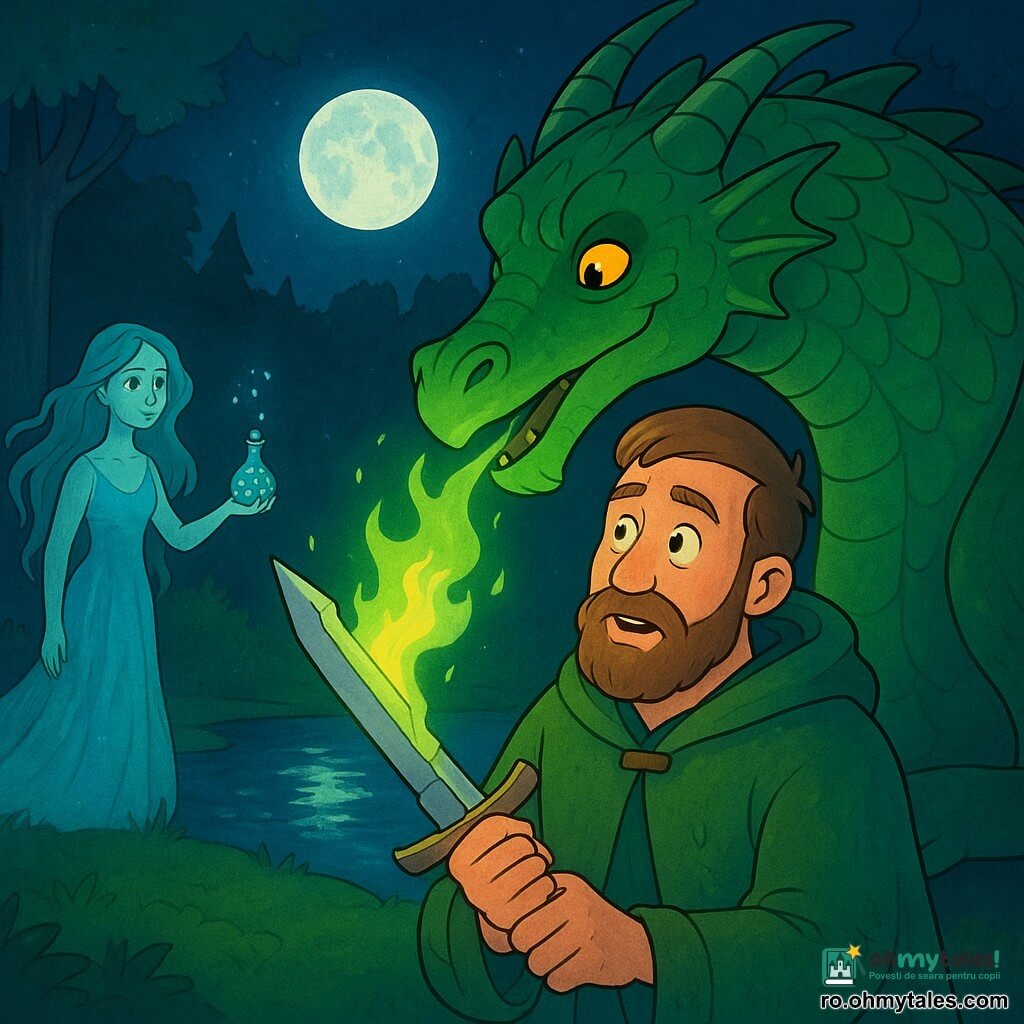 Un bărbat de vârstă matură (≈40 ani), Aldar, cu barbă și privire blândă, purtând un mantou verde de vrăjitor uzat, ține o sabie ruptă în mâini în timp ce o flacără verde o coase la loc; în fundal, un dragon masiv, Draken, cu solzi verde-smarald sclipitori și ochi aurii binevoitori, suflă o flacără verde care învăluie lama, curbându-se protector în jurul lui Aldar; o zână a apei (tânăra de ~20 ani), piele palidă, păr lung plutitor ca algele și rochie translucidă bleu, stă la marginea unui lac cristalin ținând un flacon cu picături strălucitoare (lacrimile ei); locul: o poiană de pădure noaptea, mușchi la sol, copaci înalți și întunecați, lac oglindind luna plină cu reflexii verzi și albastre; situația: moment magic în care flacăra dragonului repară sabia sub privirea emoționată a lui Aldar, zâna aducând lacrimile ei și pădurea luminată de o strălucire feerică; stil: culori vii, contururi clare, texturi simple, atmosferă caldă și eroică.