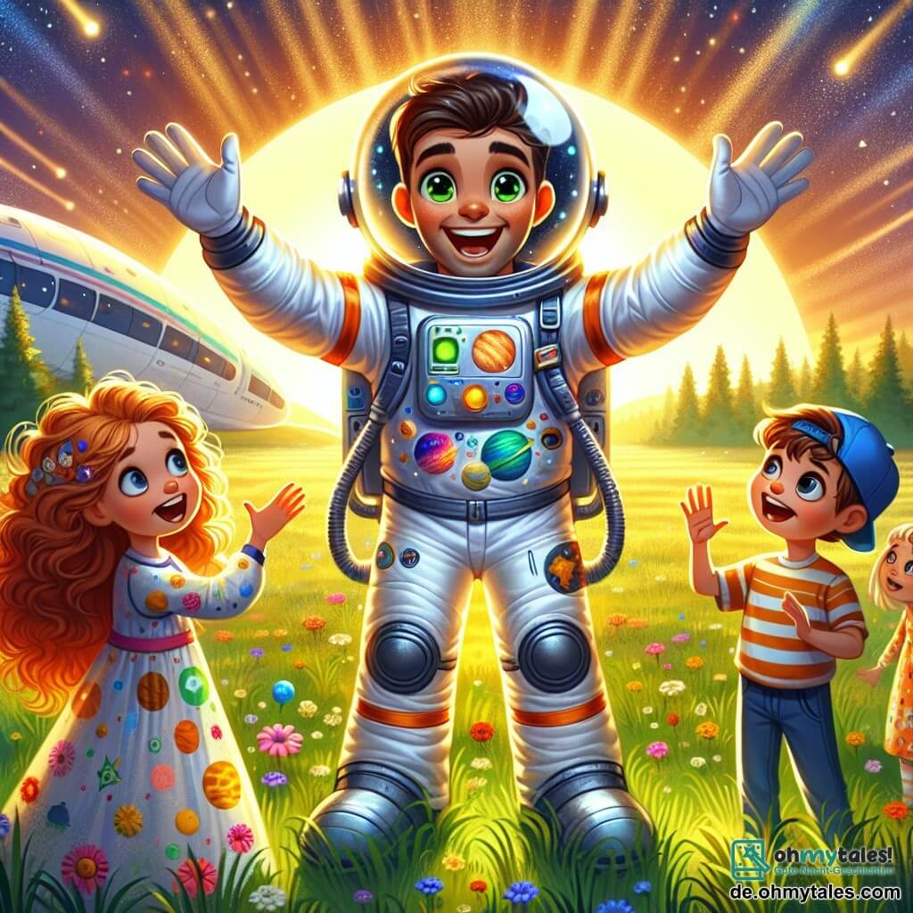 Ein Astronaut, ein großer und lächelnder Mann mit einem glänzenden Helm und einem weißen Raumanzug, der mit lebhaften Farben verziert ist, steht in der Mitte des Bildes mit offenen Armen und strahlt ansteckende Freude aus. Seine Augen funkeln vor Staunen, während er von seinen Abenteuern im Weltraum erzählt. Rechts von ihm sitzt ein 8-jähriges Mädchen namens Mia mit wunderschönen lockigen roten Haaren, das aufmerksam mit weit aufgerissenen Augen zuhört. Sie trägt ein buntes Kleid mit Planetenmotiven. Links von ihm hebt ein 9-jähriger Junge namens Tom mit einer umgedrehten blauen Mütze und einem gestreiften T-Shirt die Hand, um eine Frage zu stellen, sein Gesicht strahlt vor Aufregung. Die Szene spielt auf einem großen, grünen Feld, das im goldenen Licht der untergehenden Sonne erstrahlt, mit bunten Blumen, die im Wind tanzen. Im Hintergrund glänzt ein futuristisches Raumschiff unter den letzten Sonnenstrahlen und verleiht der gesamten Szenerie einen Hauch von Magie. Die Hauptsituation zeigt den Astronauten, der seine faszinierenden Geschichten über die Reise ins All mit den Kindern teilt, die von seinen Erzählungen über Sterne, Planeten und die Geheimnisse des Universums gefesselt sind.