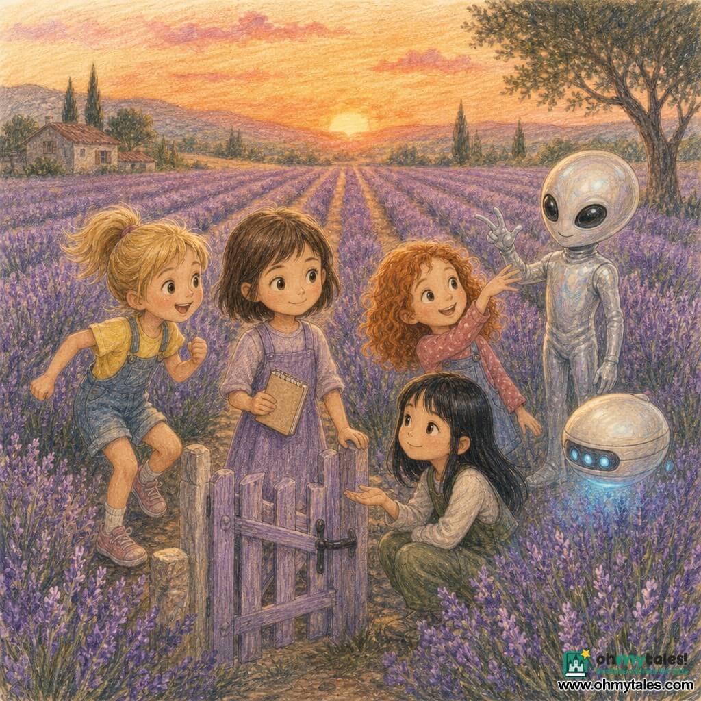 Six characters in a lavender field at sunset: four nearly five-year-old girls—Mina, short brown hair, holding a small beige notebook at the center in front of a low lavender gate; Jo, blond ponytail, left of Mina, poised to run; Lina, curly red hair, right of Mina, smiling and making a “swoosh” gesture; Sam, straight black hair, seated or crouched beside Mina with a calm expression and an open palm—plus a small visiting alien in a shiny silver suit with a pearly round head, large gentle black eyes and three fingers and a thumb, standing slightly back and mimicking the swoosh, and a small melon-shaped white drone with three blue lights hovering among the flowers and glowing softly; rows of purple lavender stretch in perspective under a pale orange sky, warm sunlight mixing with the drone’s cool glow, stylized pollen, butterflies and bees in the air, a light earthy path and a small wooden sign at the edge, the four girls facing the alien and drone and all making the same slow, friendly greeting gesture.