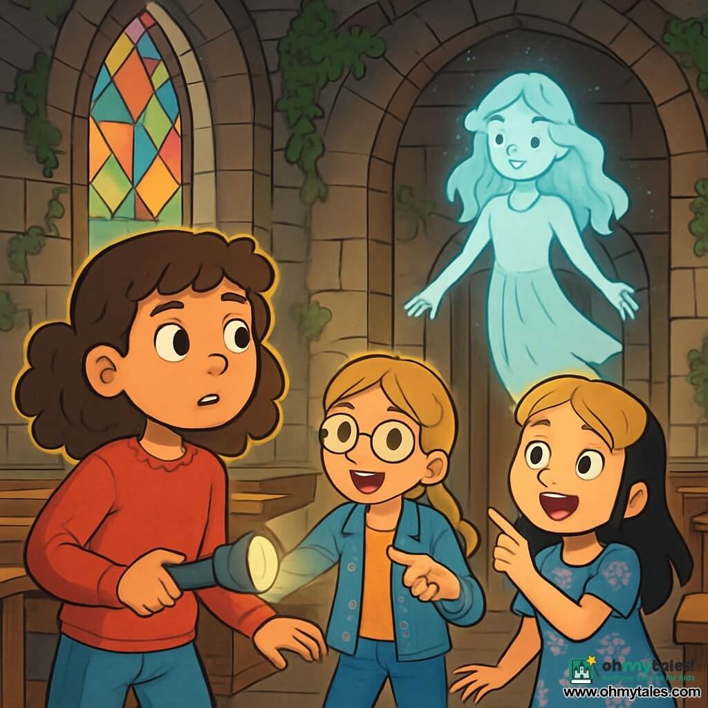 There are three characters: - Lily: a 10-year-old girl with curly brown hair, wearing a red sweater and jeans. She holds a flashlight and looks around with curiosity. - Emma: a 10-year-old girl with glasses and braided blonde hair, wearing a denim jacket. She is slightly ahead, smiling, and pointing at a mysterious door. - Sophie: a 10-year-old girl with straight black hair, wearing a blue floral dress. She is behind Lily, wide-eyed with excitement and fear, looking at the silhouette of a ghostly girl. The setting is an old stone chapel with ivy-covered walls and stained glass windows that let in soft light. Worn wooden benches are arranged on either side, and an air of mystery lingers, enhanced by dust dancing in the light rays. The main situation shows the three friends discovering a small wooden door behind the altar, where an ethereal silhouette of a young girl appears, gently floating with a melancholic smile. The girls seem both amazed and a bit scared, creating an intriguing and magical atmosphere.