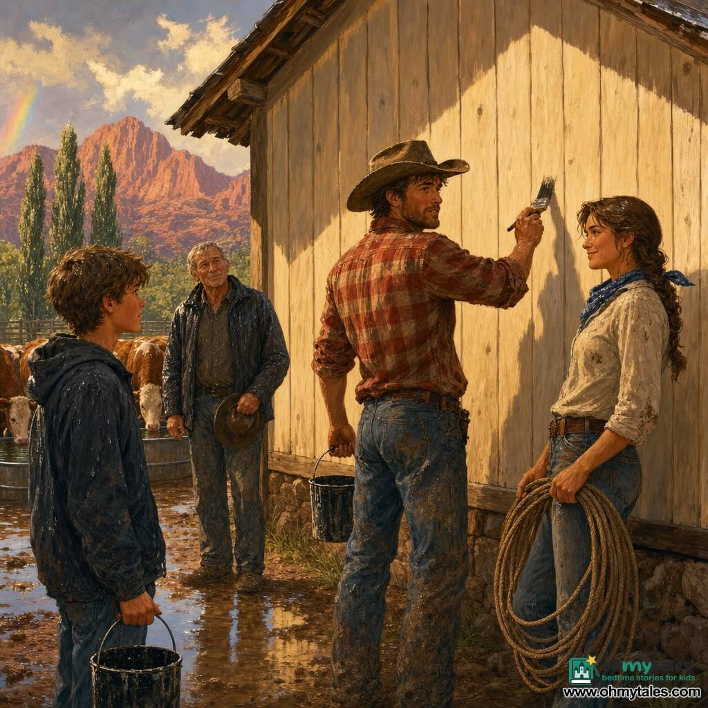 Cole, a rugged man in his thirties with stubble and a worn brown cowboy hat, wearing a red-and-beige plaid shirt and dusty jeans, calmly paints "S A G E B R U S H" in black on the pale wooden barn; Jessa, about 28, tanned with braided brown hair and a blue bandana, stands slightly behind him holding a coiled lasso, Milo, ~16, tousled-haired and anxious but admiring, holds a paint bucket at left foreground, and Henry Dalton, ~60, wrinkled and relieved, hat in hand and wet jacket, stands near a watering trough where cows drink; the open ranch yard is muddy with rain-reflecting puddles, trembling poplars and red mountains on the horizon, suggesting post-storm repair and solidarity, warm colors, wet gouache textures and raindrops on clothing.
