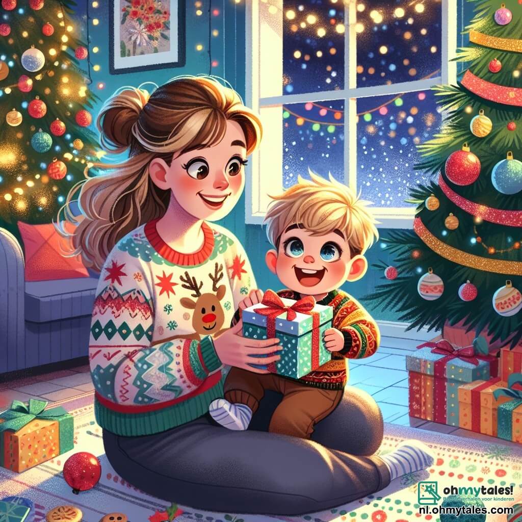 Een jongetje van 1 jaar, met blond haar en nieuwsgierige ogen, zit op de grond, omringd door kleurrijke kerstversieringen. Hij glimlacht vrolijk terwijl hij een mooi versierd doosje met een rode strik vasthoudt, vol opwinding en onschuld. Zijn moeder, een vrouw van ongeveer 30 jaar met bruin haar en een warme glimlach, staat naast hem en kijkt hem met genegenheid en trots aan. Ze draagt een kersttrui met rendierpatronen en helpt haar zoon een verrassing voor zijn papa te bereiden. De scène speelt zich af in een feestelijke woonkamer, gevuld met fonkelende lichtjes, een grote versierde kerstboom en sneeuwvlokken die zachtjes buiten voor het raam vallen. Kleurrijke slingers sieren de muren en creëren een magische sfeer. Tommy en zijn moeder bereiden een verrassingscadeau voor zijn papa, vullen de doos met heerlijke koekjes en een mooie tekening, terwijl ze samen lachen en vreugde delen in de kerstgeest.