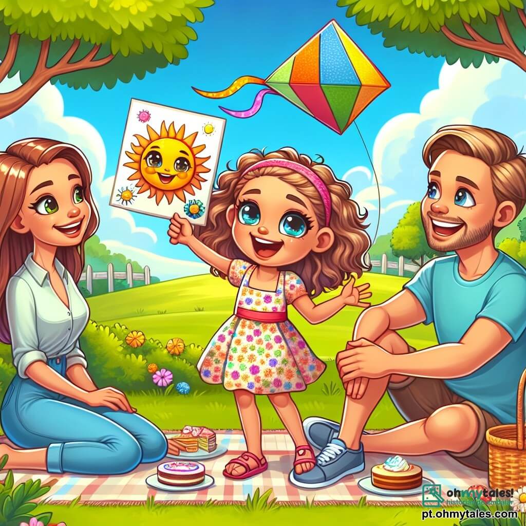Uma menina de 8 anos, chamada Sofia, está no centro da imagem, com grandes olhos brilhantes e um sorriso radiante. Ela tem cabelos castanhos cacheados, um vestido colorido com flores e sandálias. Sofia segura um desenho que fez, representando uma paisagem ensolarada com um sol sorridente, e olha para seus pais com entusiasmo. À sua direita, seu pai, um homem de cerca de 35 anos, tem cabelos castanhos e veste uma camiseta azul e um short. Ele ri enquanto segura uma pipa colorida, pronto para soltá-la no céu. À sua esquerda, sua mãe, uma mulher de cerca de 33 anos, tem cabelos longos e lisos presos em um rabo de cavalo. Ela usa uma blusa leve e uma calça jeans, sentada em uma toalha de piquenique, sorrindo para Sofia, com um prato de bolos caseiros à sua frente. O local é um parque verde, cheio de árvores majestosas, flores coloridas e um céu azul brilhante com algumas nuvens brancas. Uma grande grama se estende sob seus pés, e ao longe, crianças brincam e famílias aproveitam o sol. A cena principal mostra Sofia cercada por seus pais, compartilhando um momento de alegria e criatividade, celebrando um dia sem telas, onde se divertem, riem e criam memórias inesquecíveis.