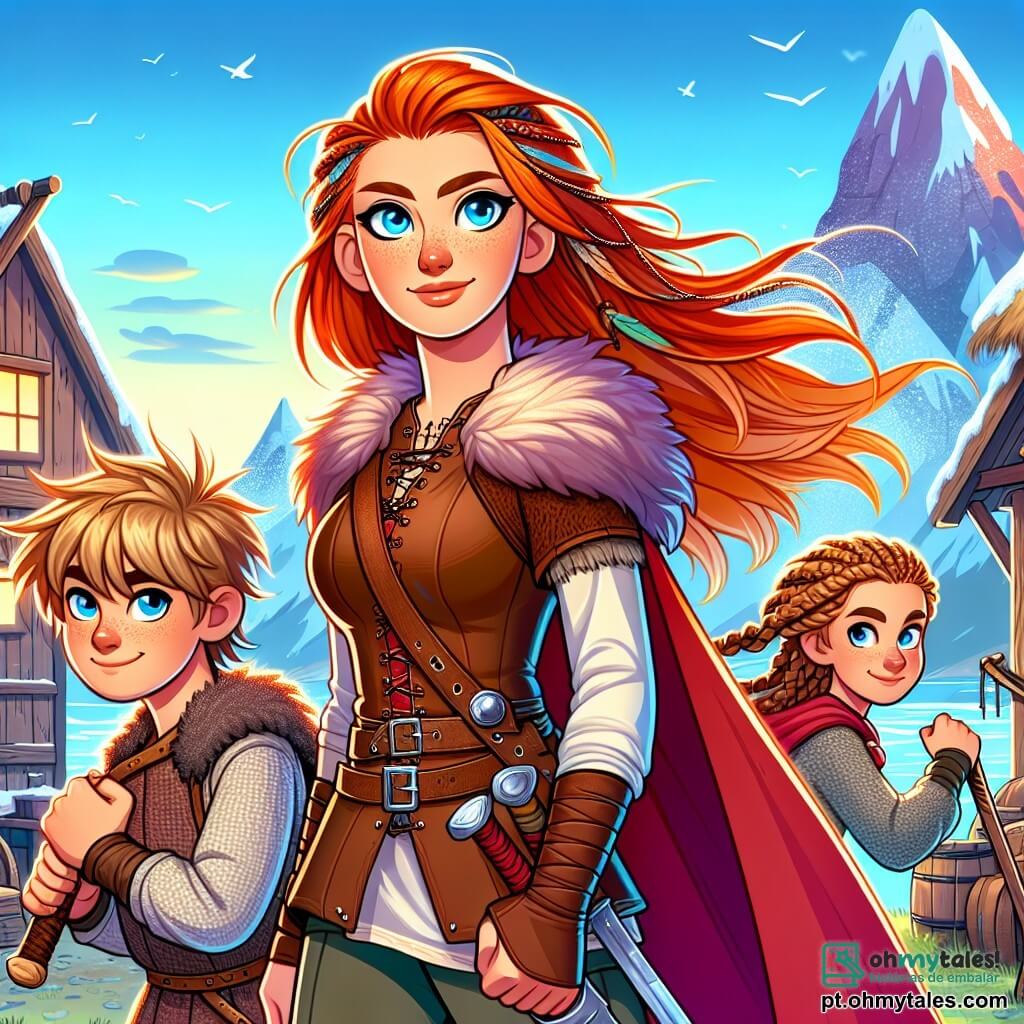 No centro da imagem, Astrid, uma jovem de cabelos flamejantes, se ergue orgulhosamente, com um olhar determinado e corajoso. Ela usa uma túnica de pele marrom e uma capa vermelha que flutua ao vento, seus olhos azuis brilhantes refletem força e bravura. Ao seu lado, um menino de cerca de 10 anos, com cabelos loiros bagunçados e um sorriso travesso, empunha uma espada de madeira, pronto para defender sua aldeia. Ele veste uma túnica de lã cinza e botas de couro, admirando Astrid. Atrás deles, a mãe de Astrid, uma mulher de meia-idade com cabelos trançados e rosto marcado pelo tempo, prepara provisões, com uma expressão concentrada, mostrando seu apoio incondicional à filha. O cenário é uma pitoresca aldeia nórdica, com casas de madeira e telhados inclinados, cercadas por montanhas majestosas cobertas de neve. O céu é azul brilhante, com nuvens brancas, enquanto o sol nasce no horizonte, iluminando a cena com uma luz dourada. A situação principal mostra Astrid, pronta para defender sua aldeia contra um clã inimigo, levantando sua espada com determinação, cercada por seus entes queridos, unidos e corajosos diante da adversidade.