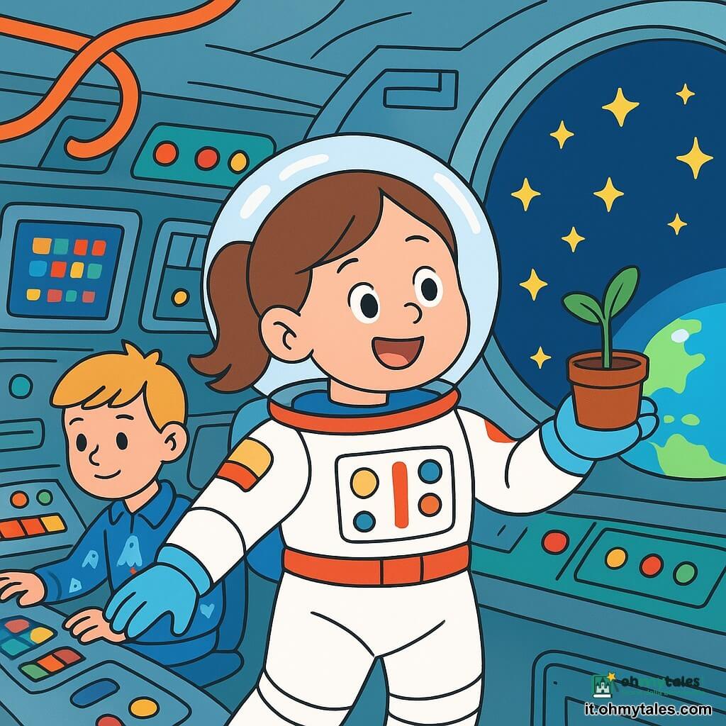 Un'astronauta donna, Anna, fluttua gioiosamente nella sua cabina spaziale, con un grande sorriso sul volto. Indossa una tuta spaziale bianca brillante, decorata con dettagli colorati, e un casco trasparente che lascia intravedere i suoi capelli castani raccolti in una coda di cavallo. I suoi occhi brillano di eccitazione mentre osserva le stelle scintillanti attraverso una finestra. Sullo sfondo, un ragazzo di 10 anni, suo compagno di squadra, è seduto davanti a un pannello di controllo. Ha i capelli biondi e indossa una camicia blu con motivi di razzi. Guarda gli schermi con concentrazione, pronto ad aiutare Anna nella sua missione. La navetta spaziale è piena di pannelli luminosi e pulsanti colorati. Cavi fluttuano intorno a loro, e attraverso la finestra si vede la Terra, rotonda e blu, con nuvole bianche e soffici. La scena principale mostra Anna mentre svolge esperimenti, tenendo un piccolo vaso con una piantina che inizia a germogliare, mentre le stelle brillano attorno a loro, creando un'atmosfera magica e piena di scoperte.