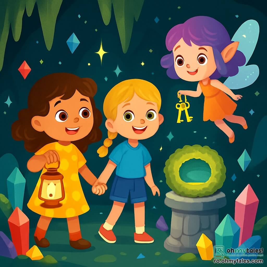 Există 3 personaje: Ana, o fată de 8 ani cu părul creț și ochi strălucitori, îmbrăcată într-o rochie galbenă cu buline, care ține o lampă mică; Maria, o fată de 7 ani cu părul blond împletit și ochi verzi, îmbrăcată într-un tricou albastru și o pereche de pantaloni scurți din denim, care îi ține mâna Anei cu un zâmbet curajos; Lia, o ființă magică asemănătoare unei zâne, cu părul violet și aripi strălucitoare, care plutește ușor deasupra solului, ținând un mănunchi drăguț de chei aurii. Locul este o sală subterană imensă, plină de cristale colorate care strălucesc ca stelele, cu pereți acoperiți de mușchi verde și stalactite care atârnă de tavan, creând o atmosferă încântătoare. În centrul sălii, un mare piedestal din piatră susține un inel de mușchi care emite o lumină blândă. Situația principală arată cum Ana și Maria, mână în mână, se confruntă cu Lia, descoperind secretul inelului de mușchi, în timp ce cristalele cântă în jurul lor, iluminându-le fețele uimite, iar o melodie magică începe să răsune în aer.