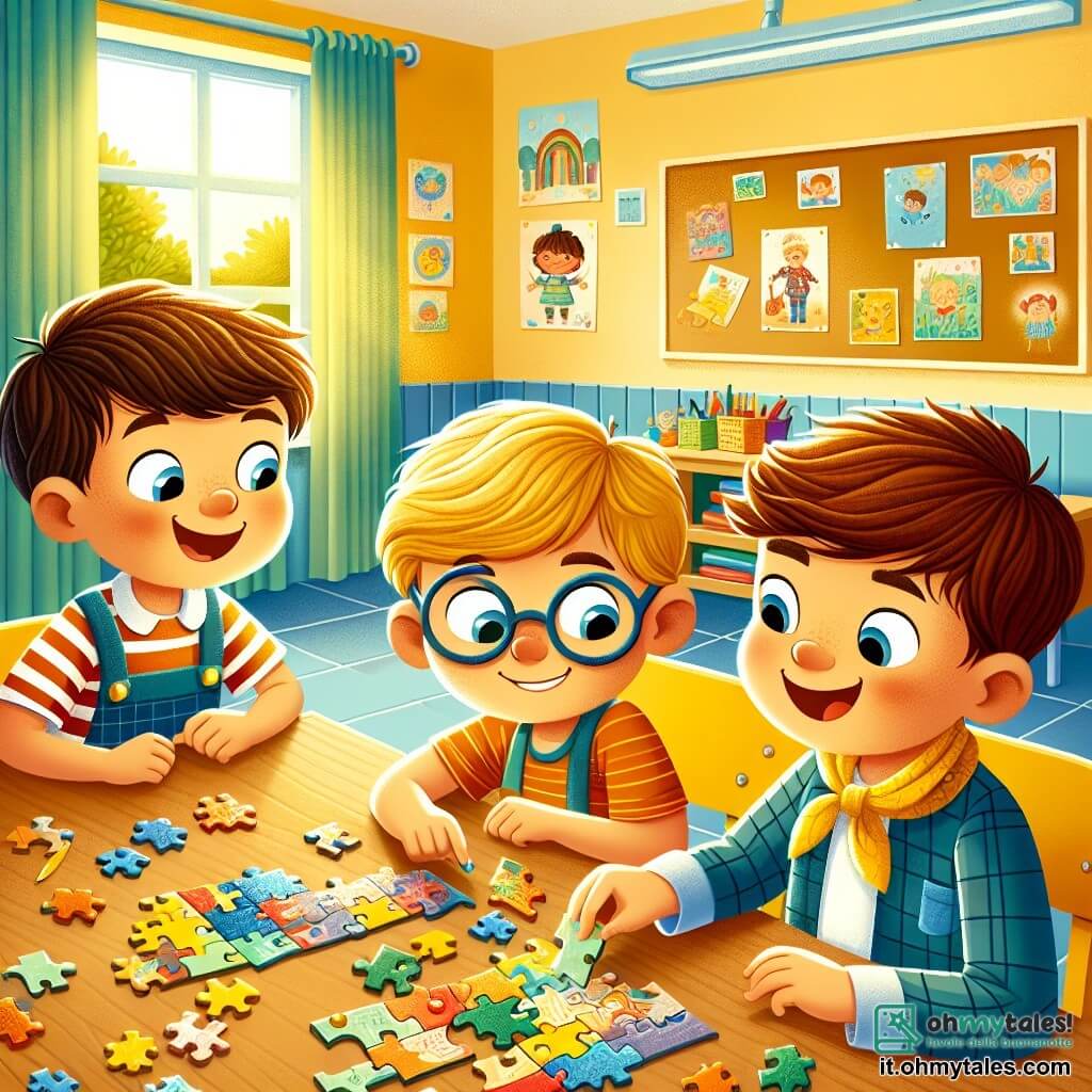 In un'aula luminosa, tre ragazzi sono riuniti attorno a un grande tavolo di legno. Luca, un ragazzo di 8 anni con capelli castani e occhiali, osserva con curiosità un puzzle colorato. Alla sua destra, Marco, un altro ragazzo di 8 anni con capelli biondi e occhi vivaci, sorride tenendo un pezzo di puzzle in mano. A sinistra, Gianni, un ragazzo di 7 anni con capelli castani e una piccola sciarpa gialla intorno al collo, mostra orgogliosamente un pezzo di puzzle che ha appena trovato. L'aula è decorata con pareti gialle e blu, disegni di bambini appesi e giochi colorati in un angolo. Una grande finestra lascia entrare la luce del sole, illuminando la stanza e creando un'atmosfera gioiosa. I tre amici collaborano per assemblare il puzzle, ridendo e incoraggiandosi a vicenda, mostrando così lo spirito di amicizia e cooperazione che regna nella loro nuova scuola.