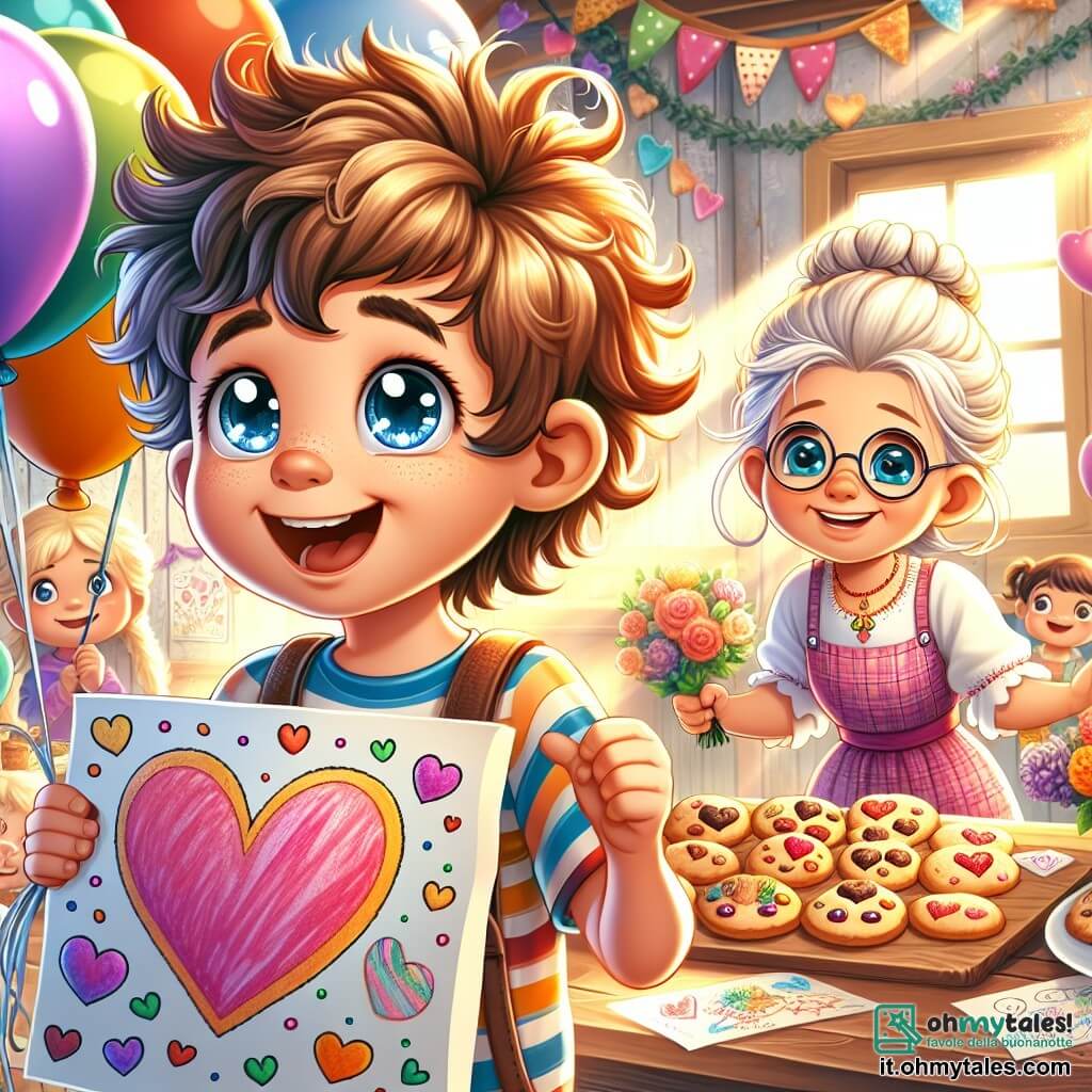 Un bambino di 5 anni, di nome Leonardo, con capelli castani e ricci, un grande sorriso e occhi scintillanti di gioia, si trova al centro dell'immagine, tenendo un grande cartello colorato con un cuore disegnato sopra. È pieno di eccitazione e felicità, pronto a sorprendere la mamma. Accanto a lui, la sua migliore amica Giulia, una bambina di 5 anni con capelli biondi intrecciati e un vestito rosa, sorride tenendo palloncini colorati, aggiungendo all'atmosfera festosa. Sullo sfondo, si vede Nonna Rosa, una donna anziana con capelli bianchi e occhiali, che estrae dal forno biscotti a forma di cuore, con un sorriso caloroso sul viso. La scena si svolge in una casa accogliente, decorata con palloncini colorati e ghirlande, con un tavolo pieno di biscotti appena sfornati e disegni fatti a mano. La luce del sole filtra attraverso le finestre, creando un'atmosfera gioiosa e luminosa. La situazione principale mostra Leonardo e Giulia, entrambi impazienti e sorridenti, pronti a gridare "Sorpresa!" alla loro mamma che arriva a casa, pieni di amore ed eccitazione per la festa della mamma.