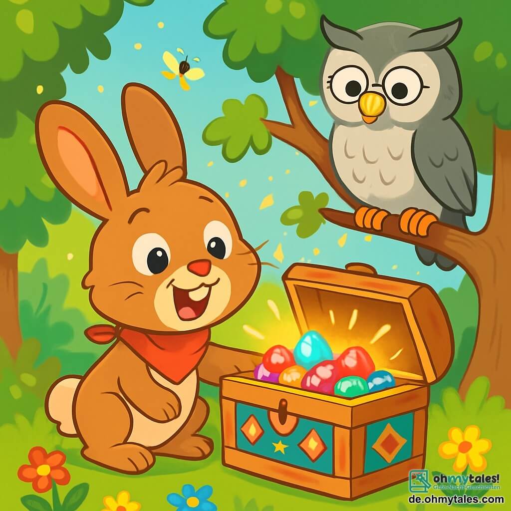 Ein kleiner Hase mit großen Ohren namens Hoppel steht im Mittelpunkt des Bildes, mit einem erstaunten und fröhlichen Blick. Sein weiches, braunes Fell wird von einem kleinen roten Halstuch geschmückt. Hoppel steht vor einer großen, bunten Holztruhe, die er gerade geöffnet hat und die funkelnde Edelsteine enthüllt. Neben ihm sitzt ein weiser alter Uhu namens Professor Uhu auf einem Ast. Er hat graue und weiße Federn, runde Brillen auf der Nase und einen ernsten, aber wohlwollenden Ausdruck. Er beobachtet Hoppel mit einem stolzen Lächeln, seine Augen strahlen Weisheit aus. Die Szenerie ist eine verzauberte Lichtung, umgeben von majestätischen Bäumen mit leuchtend grünen Blättern. Bunte Blumen bedecken den Boden, und Glühwürmchen tanzen in der Luft und schaffen eine magische Atmosphäre. Hoppel entdeckt den versteckten Schatz mit einem Ausdruck von Überraschung und Freude, während der Uhu ihn mit einem zustimmenden Blick ermutigt und die Bedeutung von Abenteuer und Freundschaft hervorhebt.