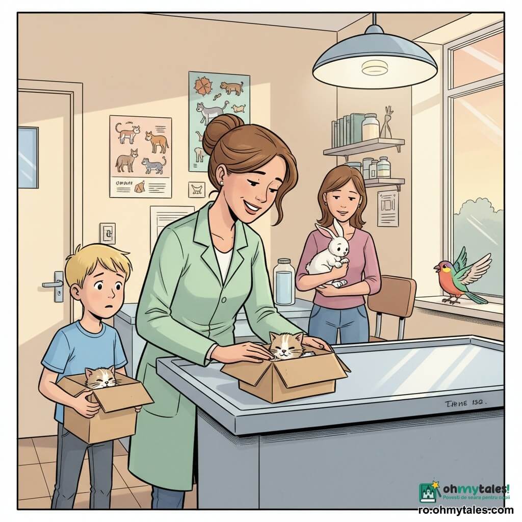 O femeie veterinară zâmbitoare și blândă, în jur de treizeci de ani, părul castaniu prins în coc și purtând halat verde deschis, privește cu delicatețe un cățeluș de pisică într-o cutie de carton, mâinile puse ușor; un băiat de circa 8 ani, cu păr blond scurt, ține cutia lângă ușă, îngrijorat dar ușurat, stând în stânga veterinarului; o femeie de aproximativ 40 de ani ține un iepuraș alb care tremură ușor, stând în spatele veterinarului lângă un scaun; o pasăre mică colorată stă pe pervazul ferestrei, capul aplecat ca și cum ar aștepta ajutor; clinica e o cameră caldă cu pereți crem, postere cu animale, o masă metalică de examinare în centru, o lampă suspendată și o etajeră cu borcane, lumină blândă de seară prin fereastră; scena principală: veterinarul examinează pisicuța în cutie în timp ce ceilalți privesc speranți, atmosferă calmă și reconfortantă, paletă pastel și contururi clare.