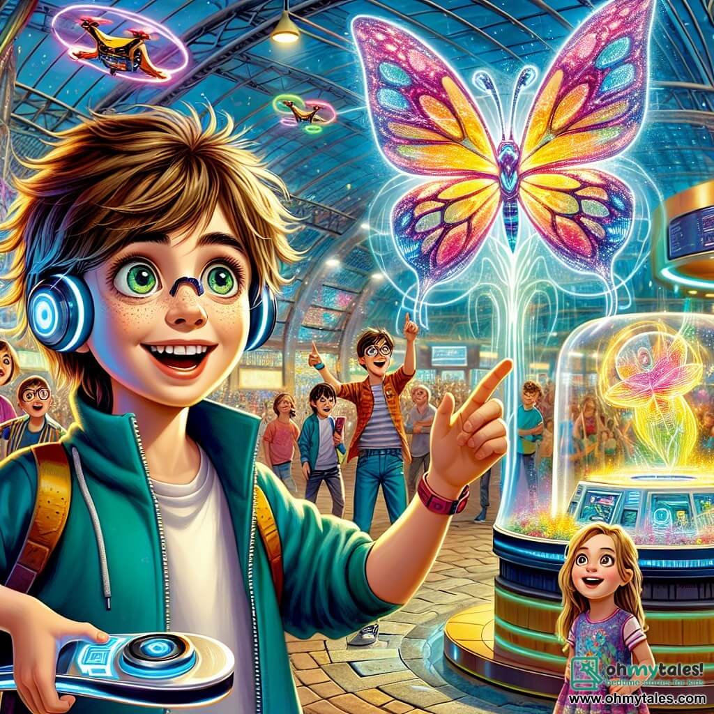 In the foreground, there is Eddie, a 10-year-old boy with messy brown hair and sparkling green eyes, holding a shiny futuristic skateboard, his eyes wide with wonder. Next to him is Max, a 10-year-old boy with short, tousled hair wearing glasses, smiling enthusiastically while pointing at the sky. A little further away, Lucy, Eddie's 6-year-old little sister with long blonde hair in a colorful dress, is watching a magnificent holographic butterfly that shines brightly. The setting is Tech Park, a vibrant futuristic space filled with shimmering glass and metal structures, where colorful holograms dance in the air. Children play around interactive machines while drones fly overhead, leaving luminous trails in the blue sky. The main scene shows Eddie and his friends captivated by the holographic butterfly that has just landed on a pedestal, while a smiling holographic teacher explains the importance of imagination and innovation.