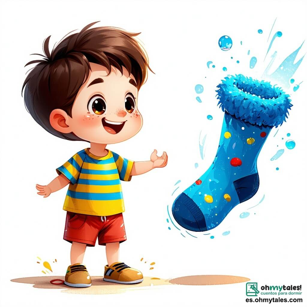 Un niño de 10 años, llamado Nico, con cabello castaño despeinado y ojos brillantes de curiosidad, se encuentra en el centro de la habitación, con una gran sonrisa en su rostro. Lleva una camiseta a rayas amarilla y azul, y un pantalón corto rojo, mientras intenta atrapar un calcetín azul peludo que flota en el aire, riendo alegremente. A su lado, un calcetín mágico, con patrones coloridos y brazos en forma de hilo, baila alegremente, con ojos redondos brillantes de travesura, animando a Nico a aceptar el desafío. La escena tiene lugar en una habitación infantil luminosa, llena de juguetes esparcidos, posters de superhéroes en las paredes y una gran alfombra verde en forma de nube en el suelo. La luz del sol entra por una ventana, creando una atmósfera cálida y alegre. Nico intenta atrapar los calcetines en una danza loca, mientras los calcetines giran a su alrededor, cambiando de color y forma con cada movimiento, haciendo que la tarea de Nico sea aún más divertida y caótica.