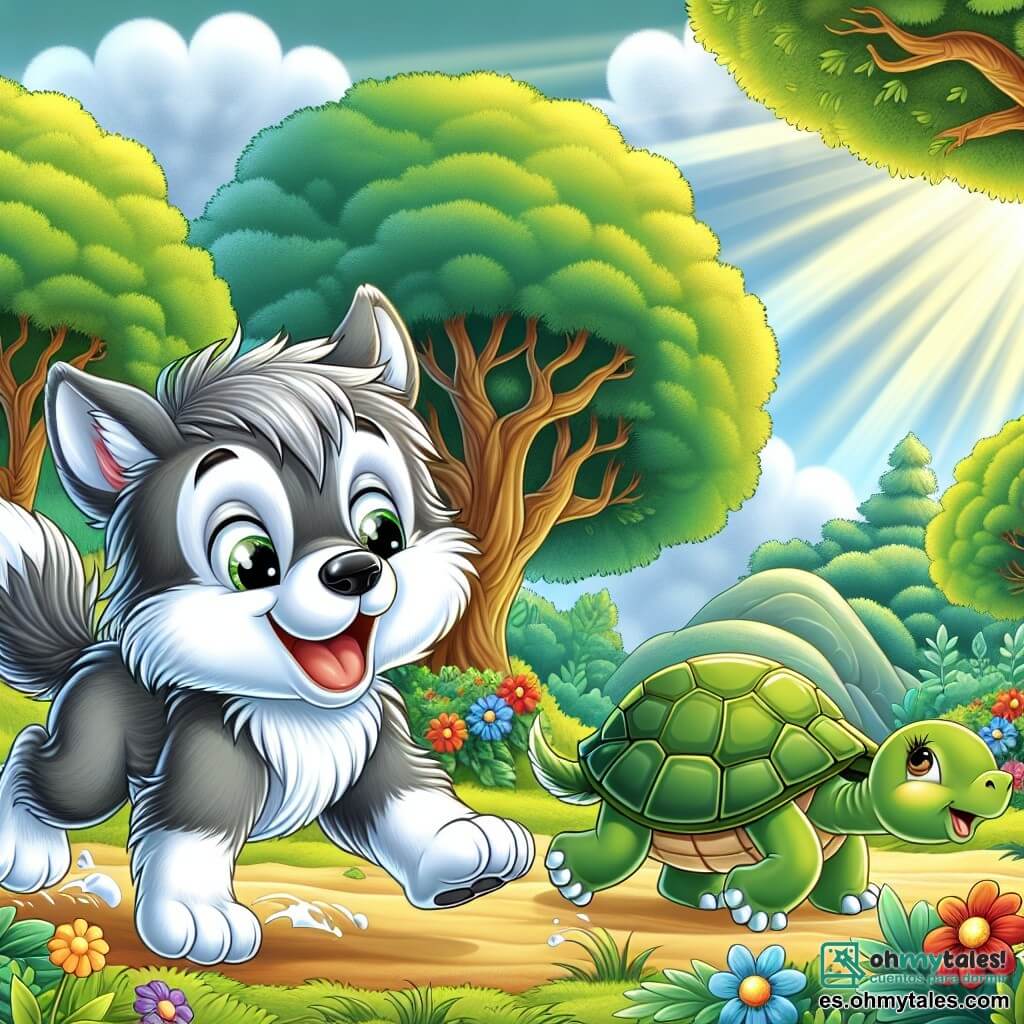 Un pequeño lobo de pelaje gris y suave, con una mancha blanca en su pata derecha, corre alegremente a través de un claro soleado, mostrando una amplia sonrisa y ojos brillantes de emoción. Cerca, una tortuga de caparazón verde y brillante, con una mirada serena y alentadora, avanza lentamente, sonriendo y mirando al pequeño lobo con orgullo. Al fondo, majestuosos árboles con hojas brillantes en verde enmarcan la escena, mientras que flores coloridas bailan al ritmo del viento. La situación principal muestra al pequeño lobo corriendo con determinación, descubriendo la belleza del mundo que lo rodea, sintiéndose apoyado por sus amigos.