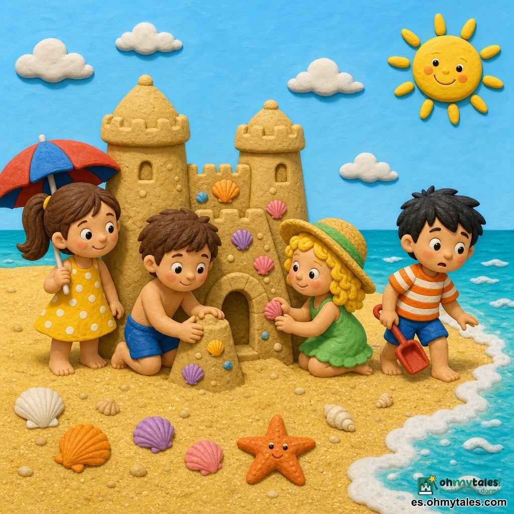 Hay cuatro niños: Ana, niña de unos 6 años, cabello castaño liso en coleta, vestido amarillo de lunares blancos, con una pequeña sombrilla roja y azul a la izquierda junto a la torre del castillo; Pedro, niño de unos 6 años, pelo castaño corto, bañador azul, modelando una torre de arena con las manos al centro-izquierda frente al castillo; Lucía, niña de unos 5 años, pelo rubio rizado con sombrero de paja, vestido verde, pegando conchas de colores en el muro del castillo a la derecha de Pedro; Tomás, niño de unos 6 años, pelo negro alborotado, camiseta a rayas naranja y blanca, con una pala roja mirando una pequeña ola a la derecha, junto al borde del agua. Lugar: playa soleada de arena dorada texturada, mar turquesa tranquilo con pequeñas olas blancas, algunas conchas y una estrella de mar en la arena, cielo azul claro con un sol sonriente arriba a la derecha. Situación: los cuatro construyen un gran castillo de arena decorado con conchas, con dos torres redondas, muros biselados y puerta en arco; una pequeña ola espumosa toca la base del castillo; expresiones de alegría, concentración y ligera inquietud; ambiente veraniego cálido, colores vivos, texturas visibles, sombras suaves y contornos redondeados.