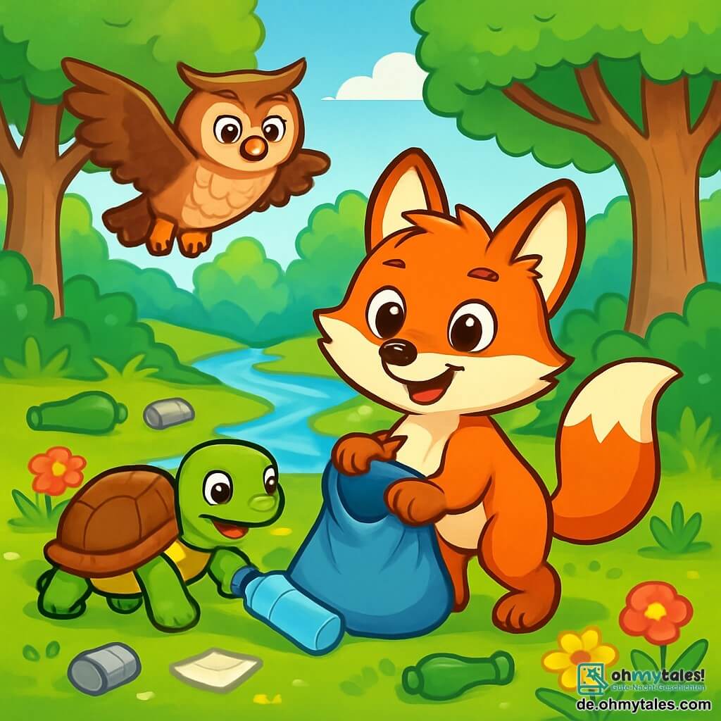 Ein junger Fuchs mit leuchtenden Augen und glänzend rotem Fell, Felix, steht fröhlich im Mittelpunkt der Szene und sammelt mit einem breiten Lächeln Müll in einem schönen Naturschutzgebiet. Rechts von ihm schiebt eine grün-braune Schildkröte namens Tina mit entschlossenem Blick eine Plastikflasche in einen Sammelsack. Links darüber schwebt eine große Eule mit braunen und weißen Federn, Emma, mit weisen Augen und einem ermutigenden Ausdruck, die stolz ihre Freunde beobachtet. Der Ort ist ein grüner Wald, gefüllt mit majestätischen Bäumen, bunten Blumen und einem glitzernden Bach, der durch die Landschaft fließt. Die Hauptsituation zeigt die Freunde, die die Natur reinigen, umgeben von verstreutem Müll, aber auch von der Schönheit der Flora und Fauna, und veranschaulicht ihr Engagement für den Schutz ihrer Umwelt.