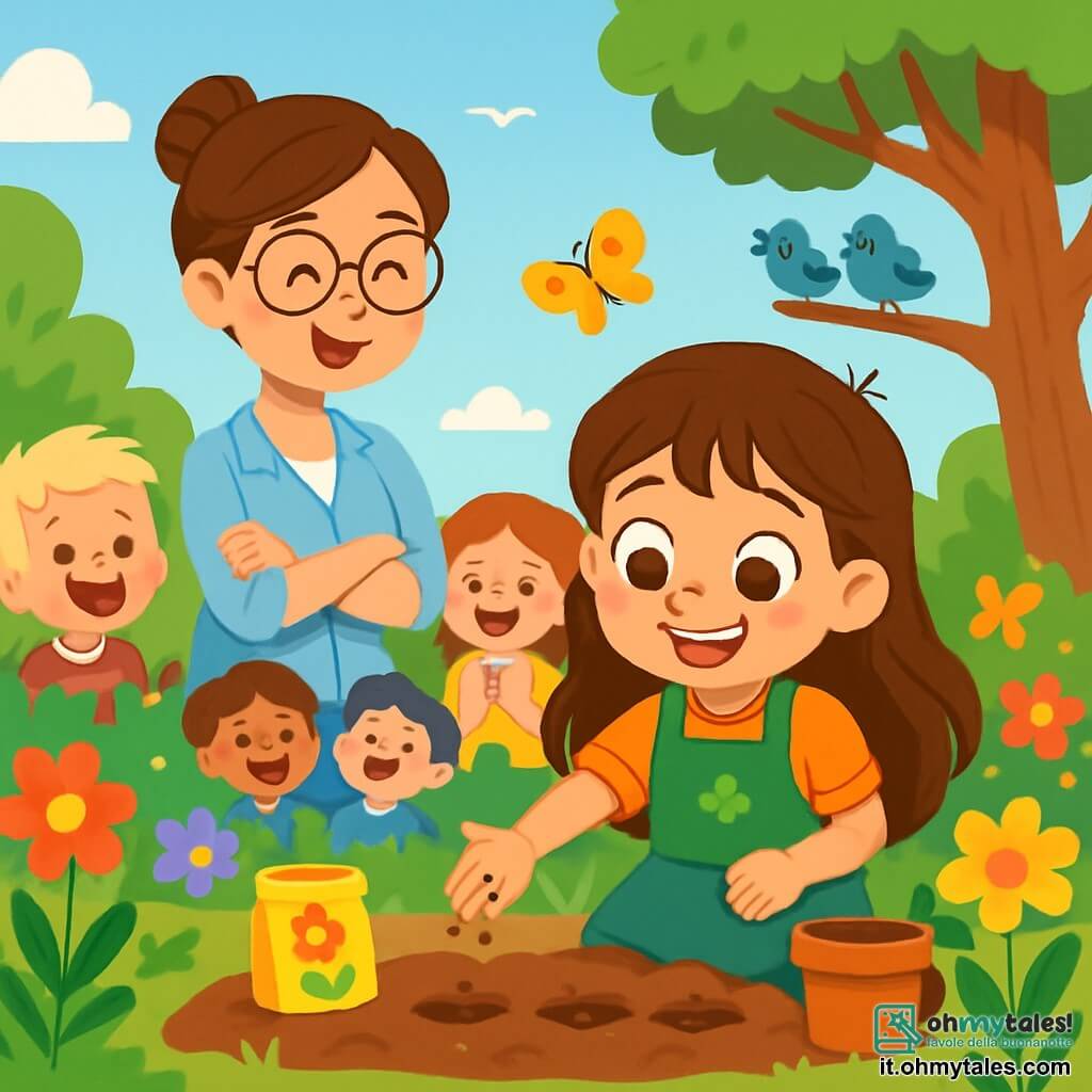 Una ragazza di 6 anni, Sofia, con grandi occhi marroni scintillanti e lunghi capelli castani, sorride felicemente mentre pianta semi di fiori colorati nel terreno. Indossa un bel grembiule verde decorato con una piccola foglia, e le sue guance sono arrossite dall'eccitazione. Accanto a lei, l'insegnante Anna, una donna di circa 30 anni con capelli castani raccolti in uno chignon e occhiali tondi, osserva con orgoglio. Indossa una camicia leggera e incoraggia Sofia con un grande sorriso, le braccia incrociate. Il luogo è un giardino scolastico incantevole, pieno di fiori vivaci, alberi maestosi e un cielo blu chiaro. Farfalle svolazzano attorno ai fiori e uccelli cantano gioiosamente tra i rami. La scena principale mostra Sofia e l'insegnante Anna mentre piantano semi in un terreno fertile, circondate dai loro compagni di classe che le osservano con meraviglia. I bambini ridono e si aiutano a vicenda, creando un'atmosfera di gioia e armonia con la natura.