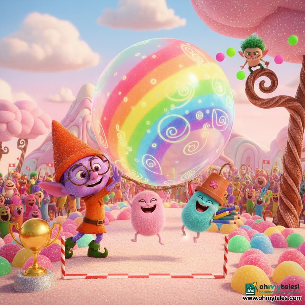 The main character is Glimmer, a joyful purple-skinned boy elf with sparkling blue spots, round glasses, an orange pointy hat and green boots, pushing a huge rainbow chewing-gum bubble like a balloon; beside him the small fluffy Wobblebop Flibble, like a pink marshmallow with tiny legs, jumps and claps; Wobblebop Wizzle wears a flowerpot hat and steadies the sticky bubble with a rope while Wobblebop Doodle, with rainbow crayons in its back, draws flamboyant patterns on the rolling bubble; a Mischief Munchkin with tufted green hair and wings grimaces from a nearby branch as neon gum balls bounce around it. The scene is atop Chewy Mountain — glittering gumdrops, shiny sweet slopes, twisted licorice trees and pastel sky with cotton-candy clouds — showing the bubble slowly rolling toward a candy-cane finish line, a cheering crowd of colorful creatures in the background and a golden gumball trophy on a shining pedestal.
